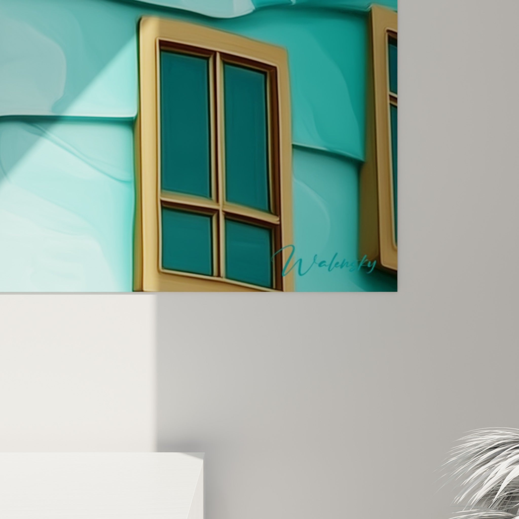 Empâtements dorés et reflets turquoise se mêlant en gros plan sur l'encadrement d'une fenêtre