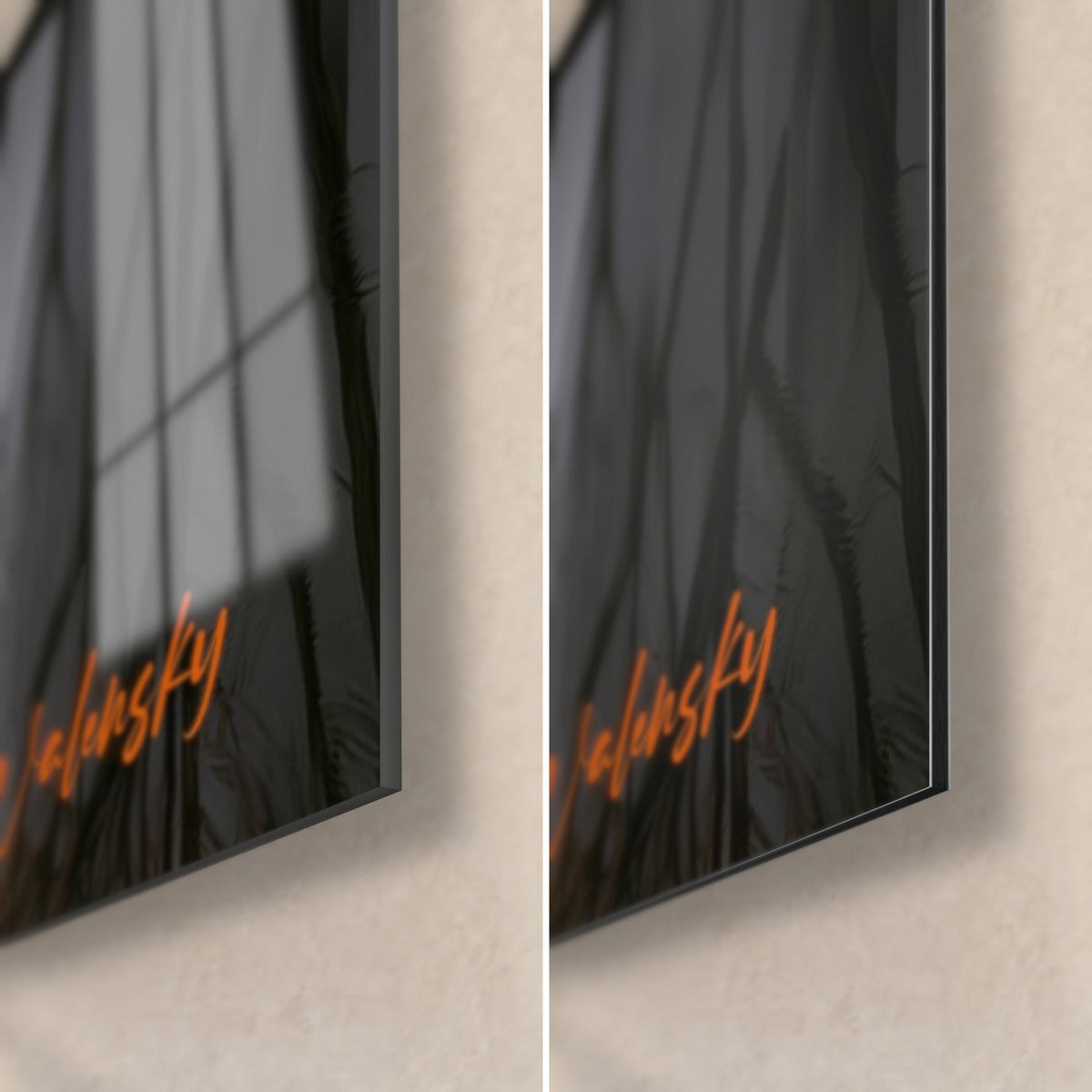 Tableau architecture orange et grise reflétée dans l'eau, coin bas droit : verre acrylique brillant à gauche, Dibond noir mat à droite, signature Walensky