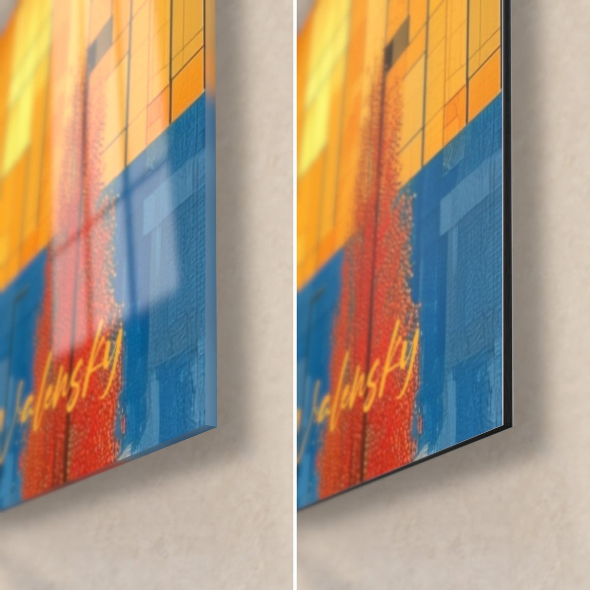 Tableau architecture colorée, coin bas droit : verre acrylique brillant à gauche, alu Dibond mat à droite, orange vif et bleu, tranche de 3 mm