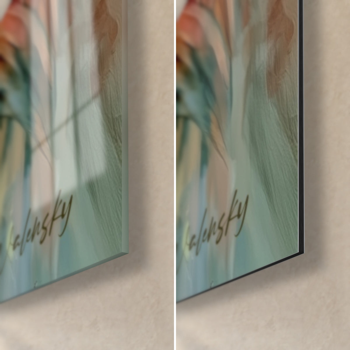 Tableau bâtiment aux voiles orange et bleu sarcelle, coin bas droit : verre acrylique brillant à reflets et Dibond mat, tranche 3 mm