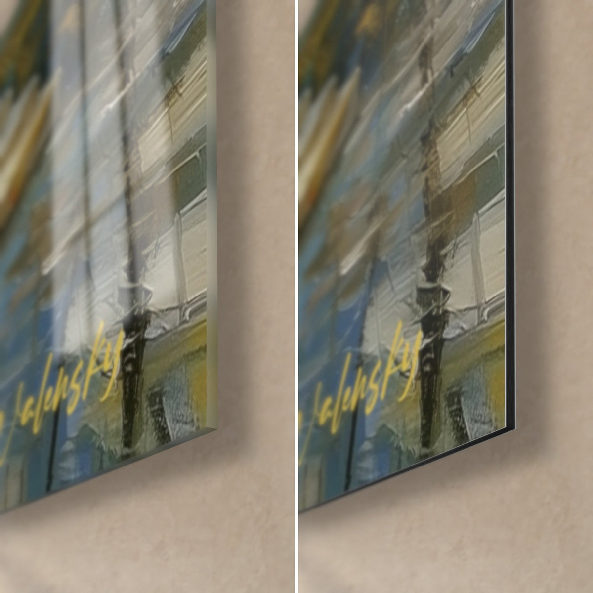 Wall art concrete building with royal blue panes, golden Walensky signature, bottom right corner in glossy glass and matte Dibond, 3 mm edge