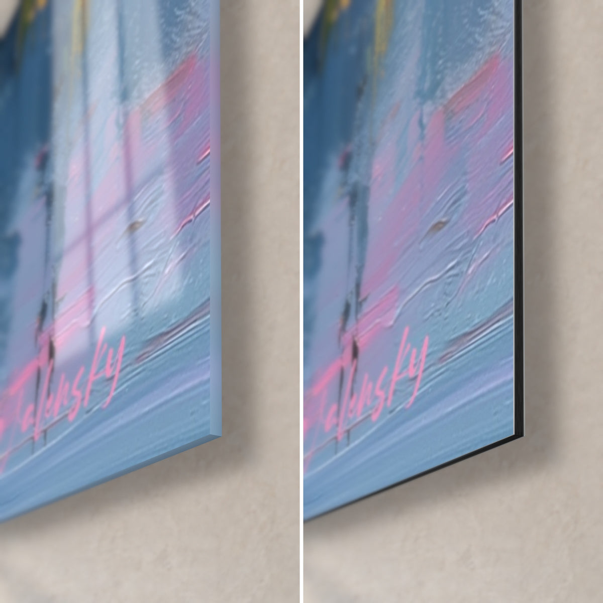 Wall art city at dusk, pink and blue brushstrokes, bottom right corner in glossy glass and matte Dibond, 3 mm edge