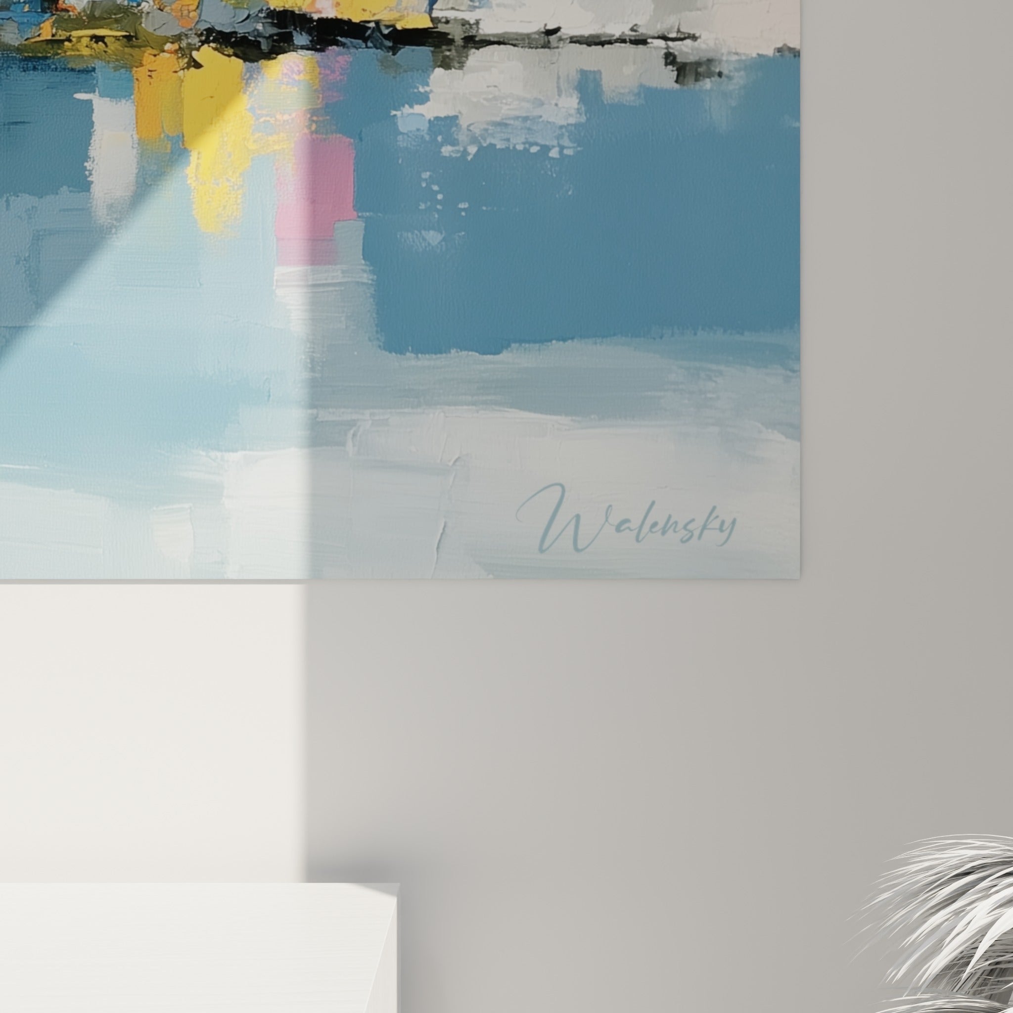 Empâtements de peinture rose et jaune doré, coulures bleutées formant les reflets de l'eau