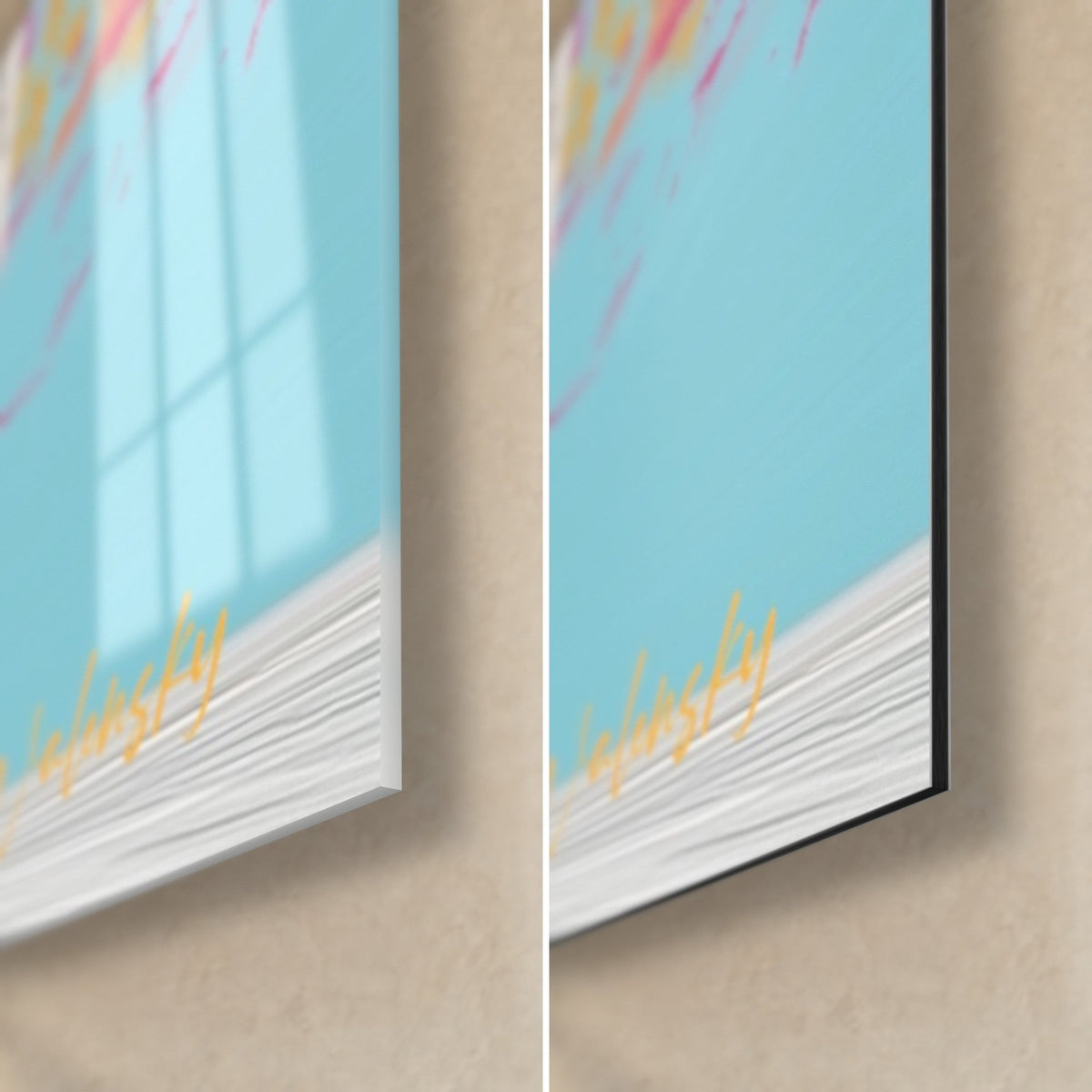 Tableau architecture abstraite aux éclaboussures roses et turquoise, coin bas droit : verre acrylique brillant et alu Dibond mat noir, tranche de 3 mm