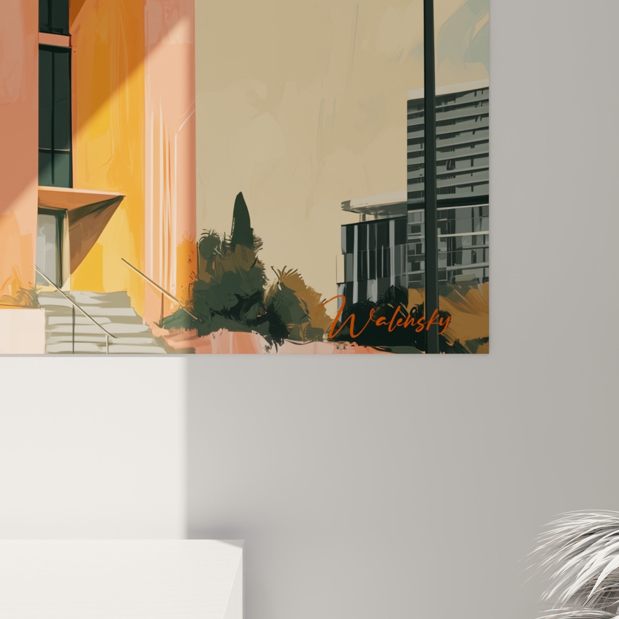 Coulures de peinture orange et empâtements sombres sur la façade, grain visible entre les balcons
