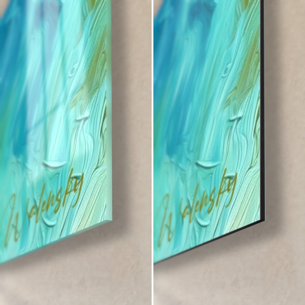 Quadro torre blu in pittura spessa, angolo inferiore destro turchese e verde, vetro lucido a sinistra, Dibond opaco a destra, spessore 3 mm