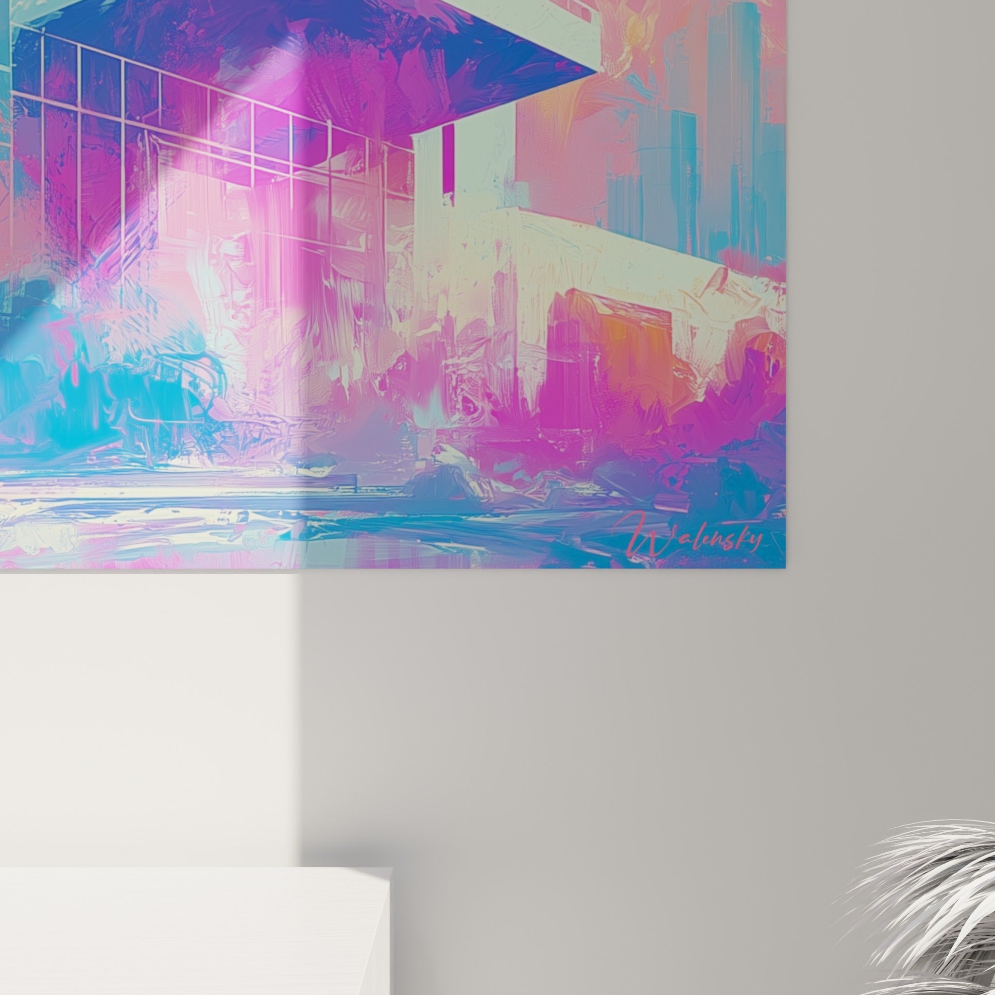 Empâtements magenta et orange se mêlant aux coulures bleu turquoise sur la toile texturée
