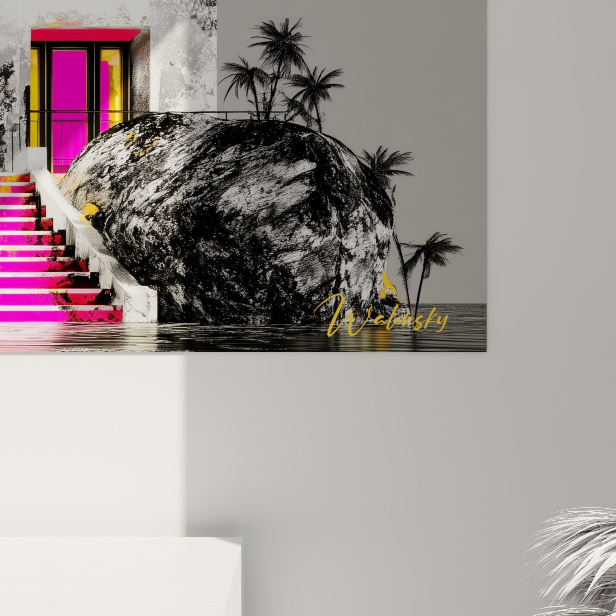Empâtements gris et coulures noires sur la pierre du temple, escalier fuchsia texturé, tableau architecture abstraite