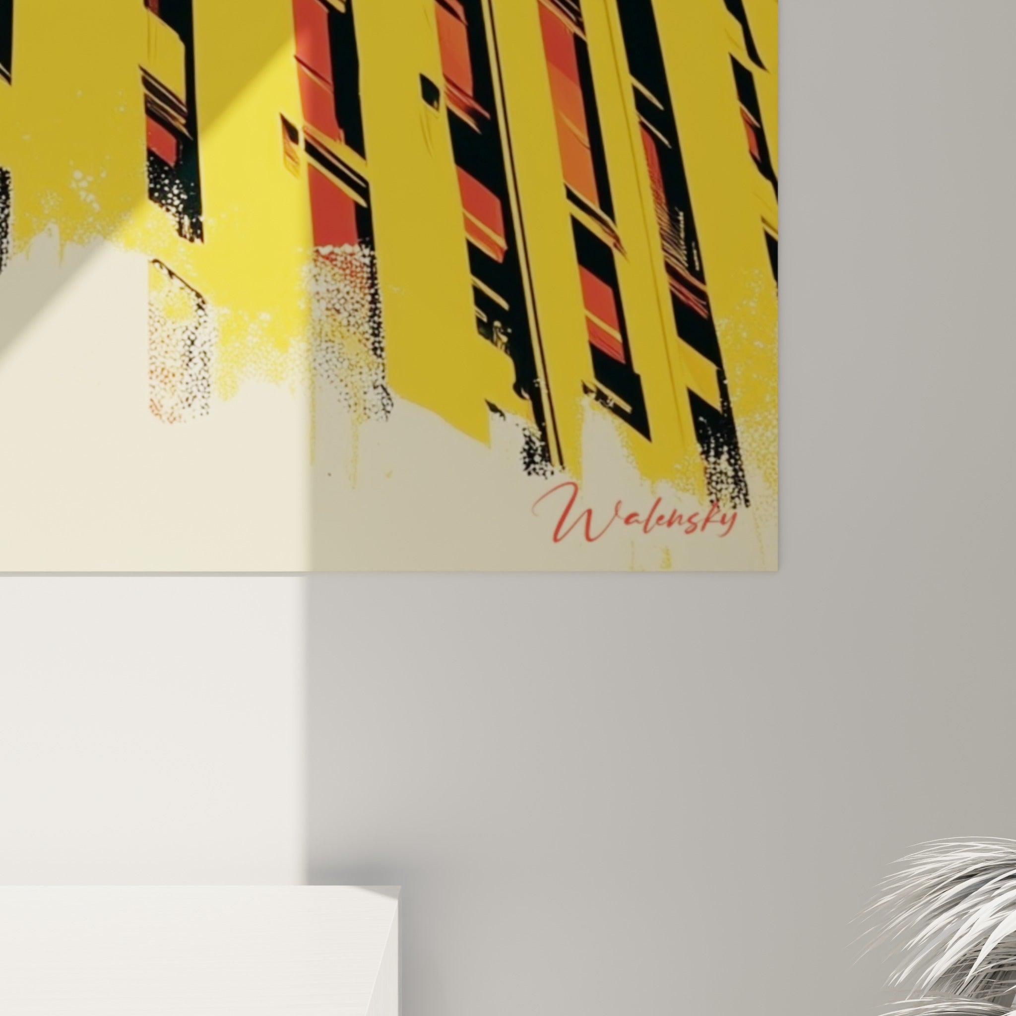 Grain de l'impression révélant les aplats jaunes, rouges et noirs de la façade sérigraphiée