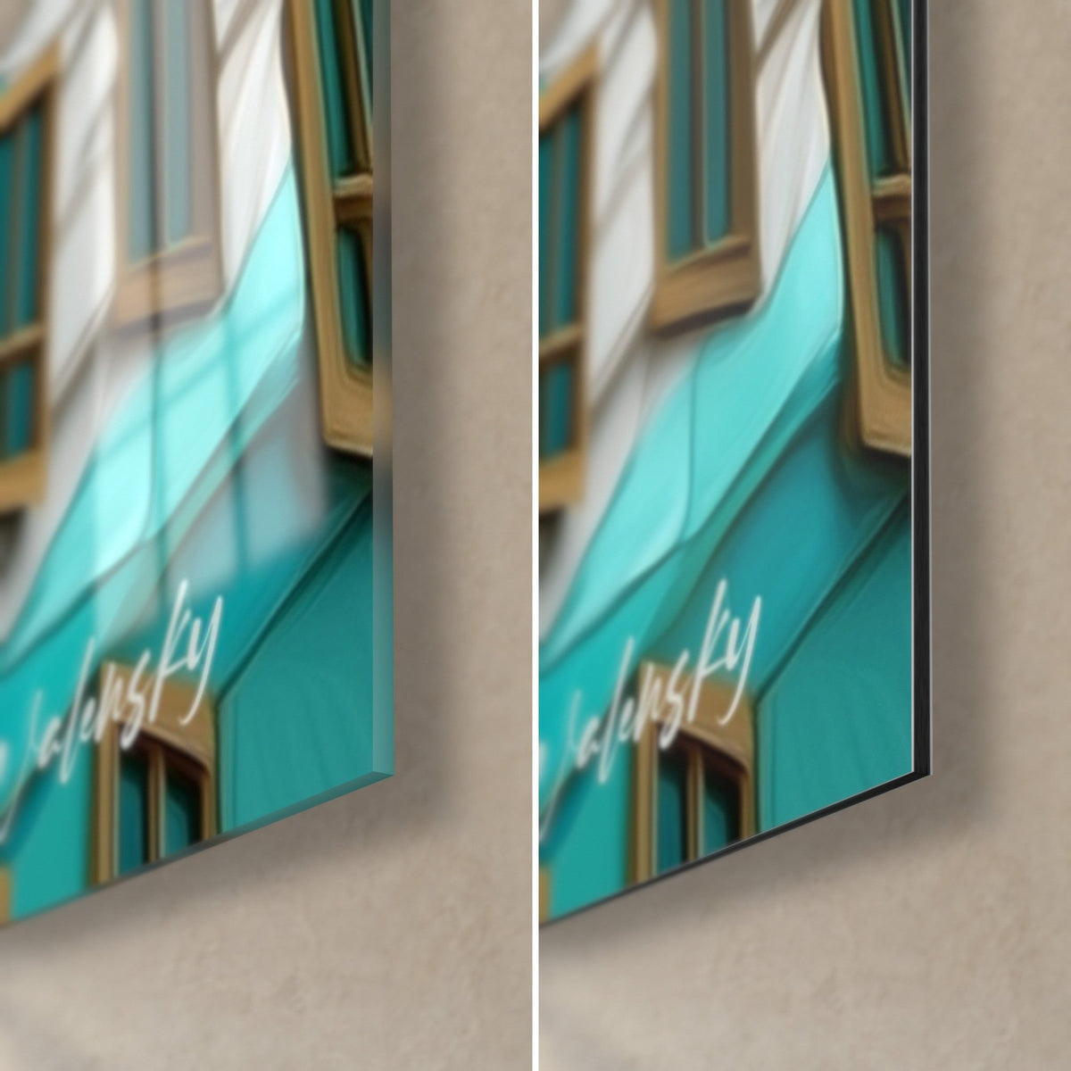 Tableau bâtiment courbe turquoise et doré, coin bas droit : verre brillant à reflets d'un côté, Dibond mat de l'autre, tranche de 3 mm