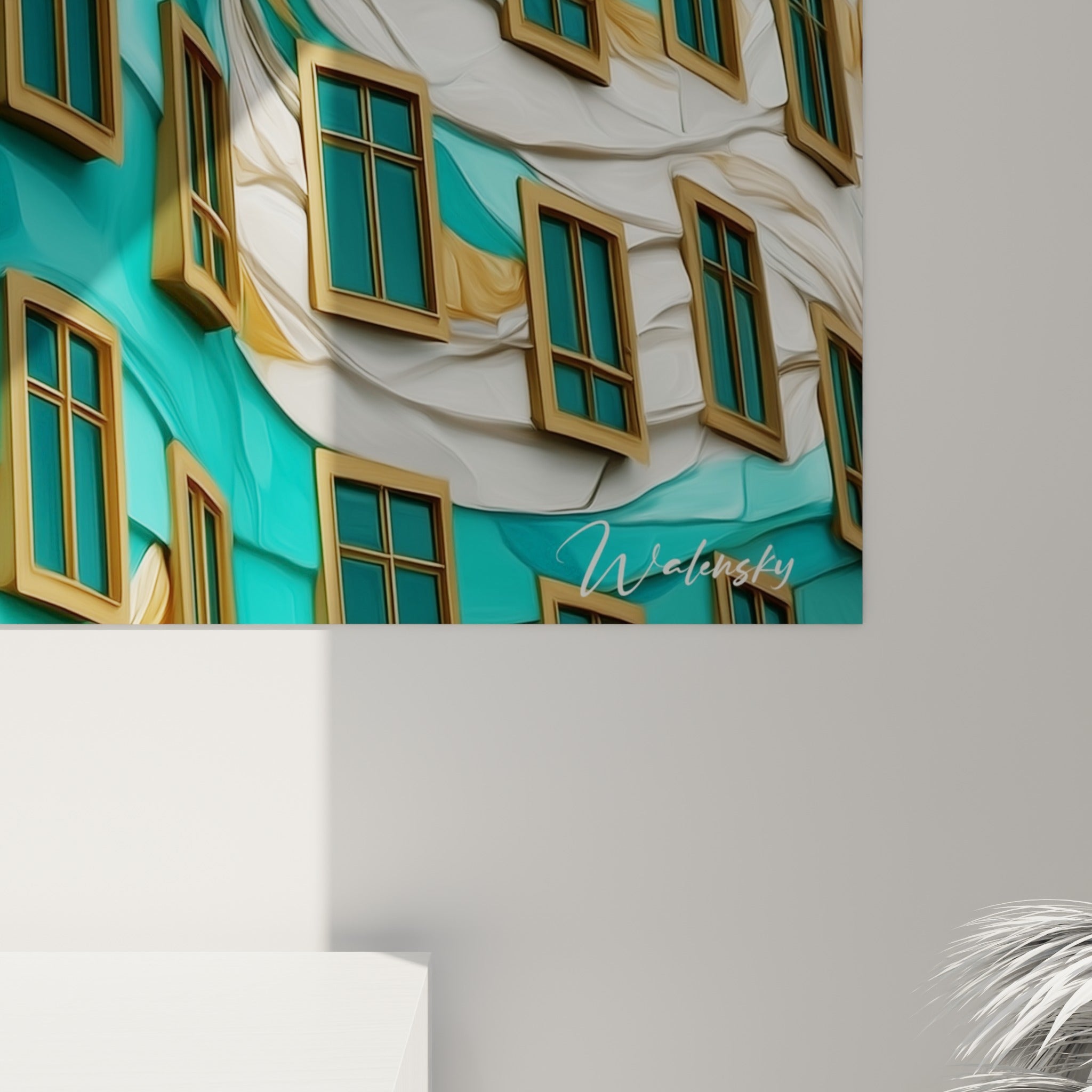Empâtements turquoise et dorés révélant la texture picturale de cette architecture abstraite ondulée