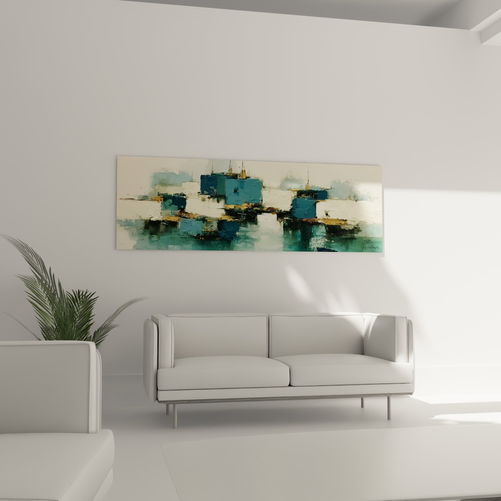 Façades blanches et bleues aux touches dorées, ce village peint au couteau surplombe un canapé dans un salon lumineux