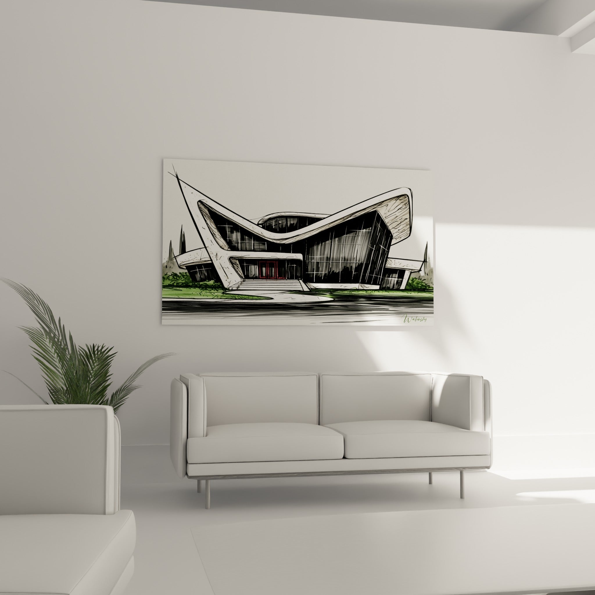 Édifice graphique noir et blanc à la façade vitrée, disposé au-dessus d'un canapé dans un salon lumineux