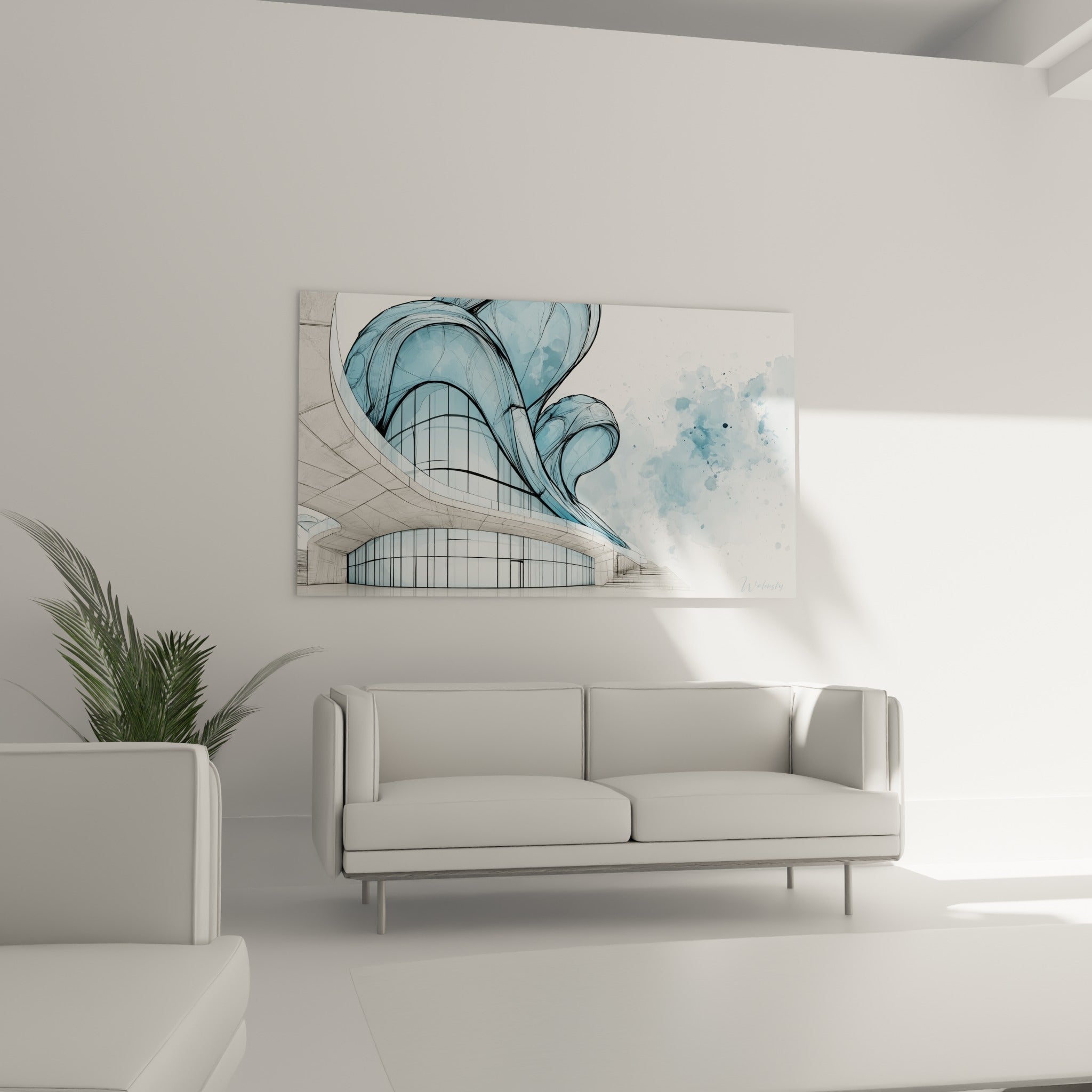 Toiture ondulante bleu ciel et façade vitrée grise placées au-dessus d'un canapé dans un salon lumineux