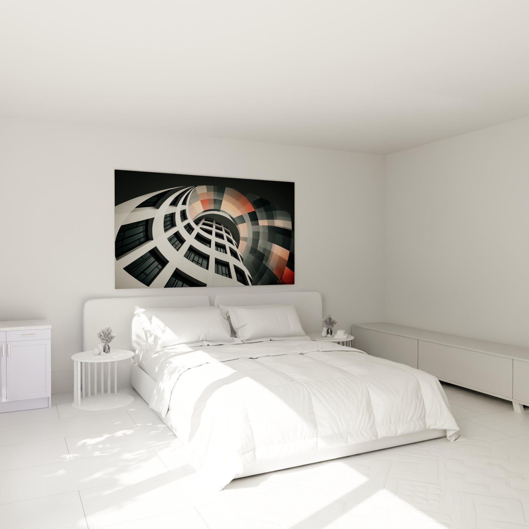 Tour blanche courbée au centre orangé lumineux, accrochée au-dessus d'un lit dans une chambre claire