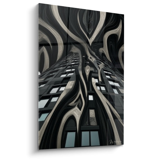 Immeuble torsadé anthracite et ivoire, façade vitrée aux volutes fluides, contre-plongée saisissante