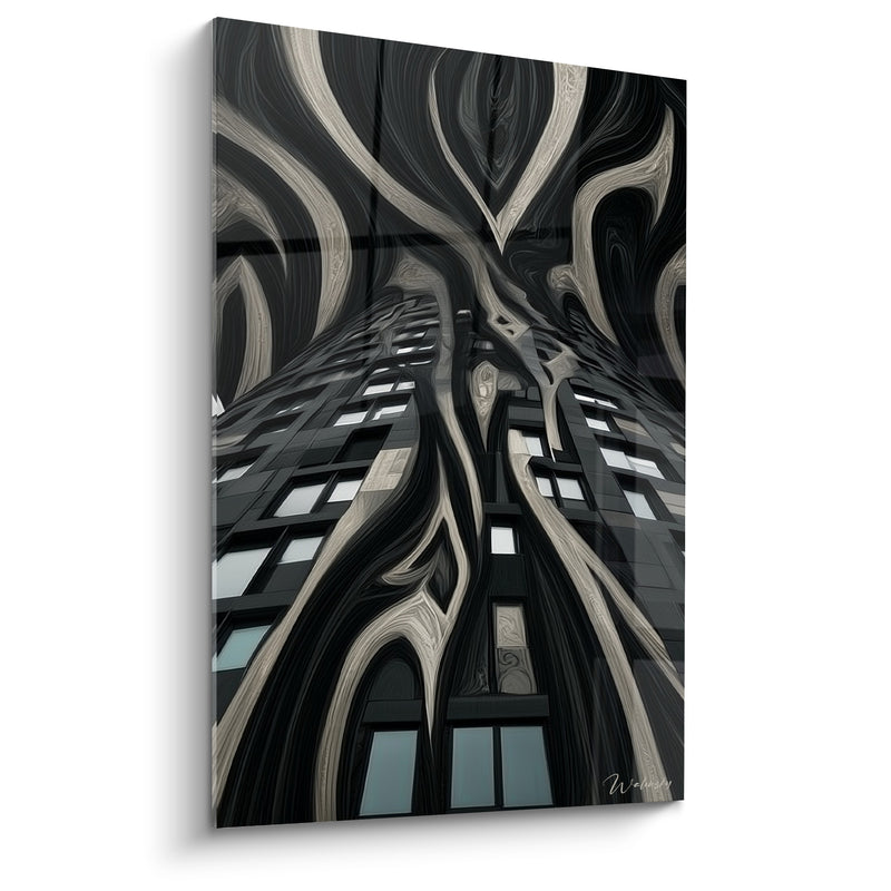 Tableau Gratte-ciel noir et ivoire aux volutes flammées - Fenêtres carrées alignées - Edition Architecture abstrait