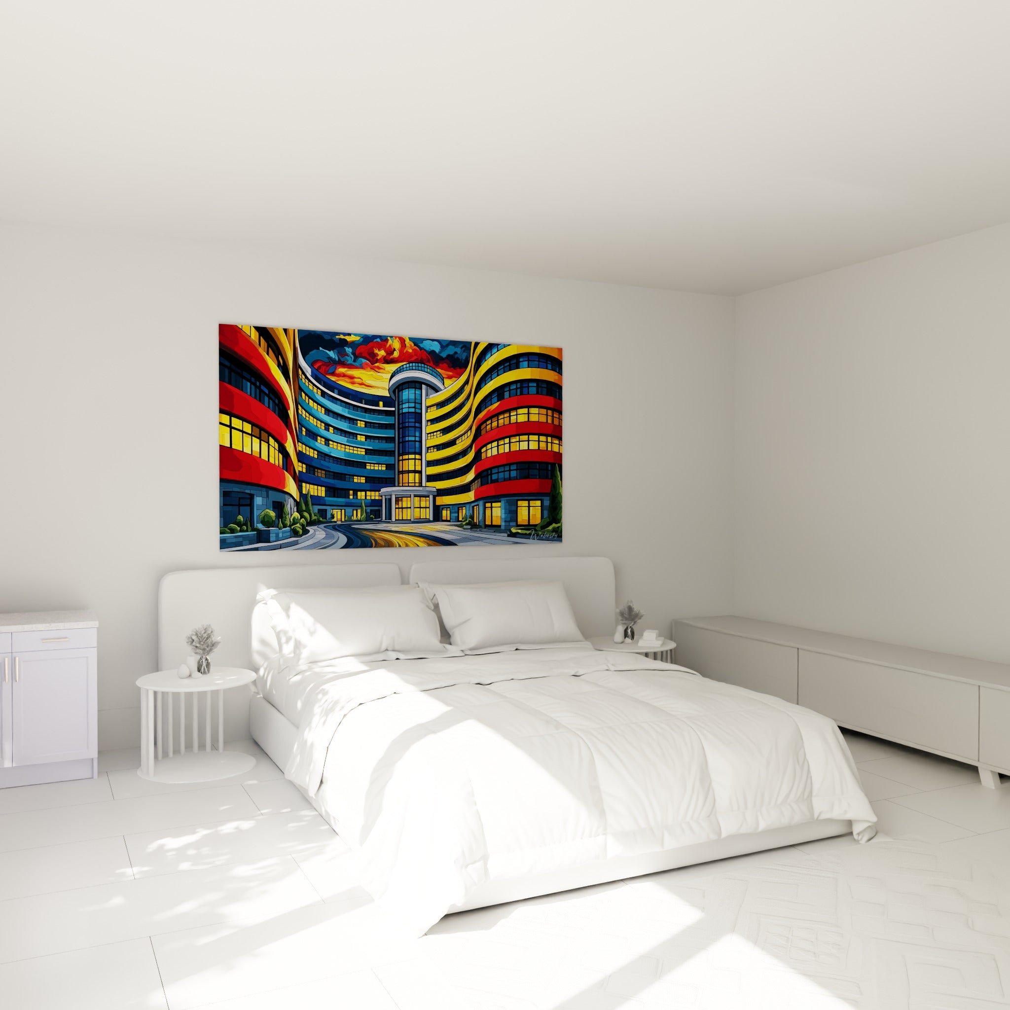 Tour vitrée bleu nuit et façade jaune vif d'un tableau architecture abstrait au-dessus d'un lit dans une chambre claire