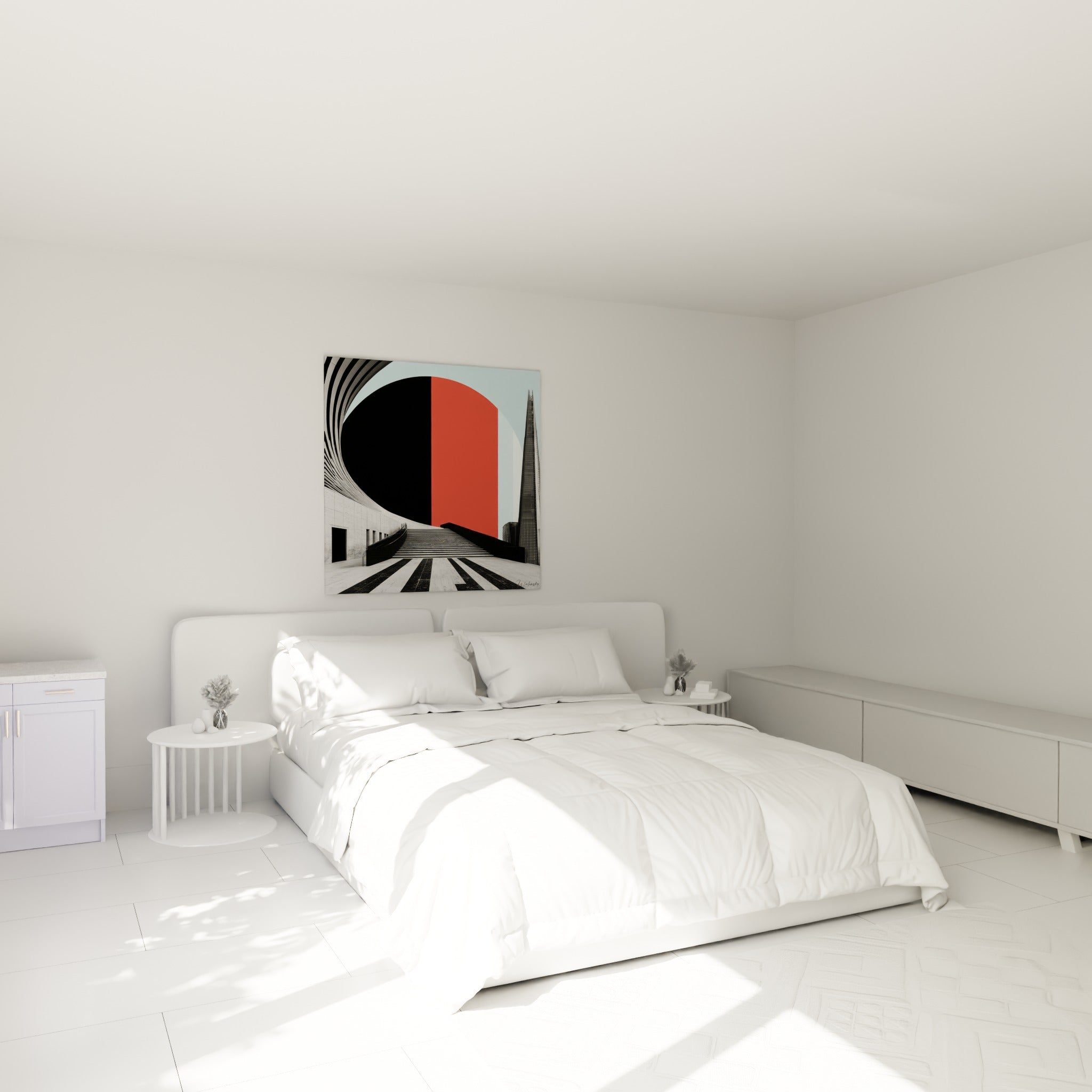 Architecture abstrait aux formes rouge et noir, tour élancée, au-dessus d'un lit dans une chambre claire