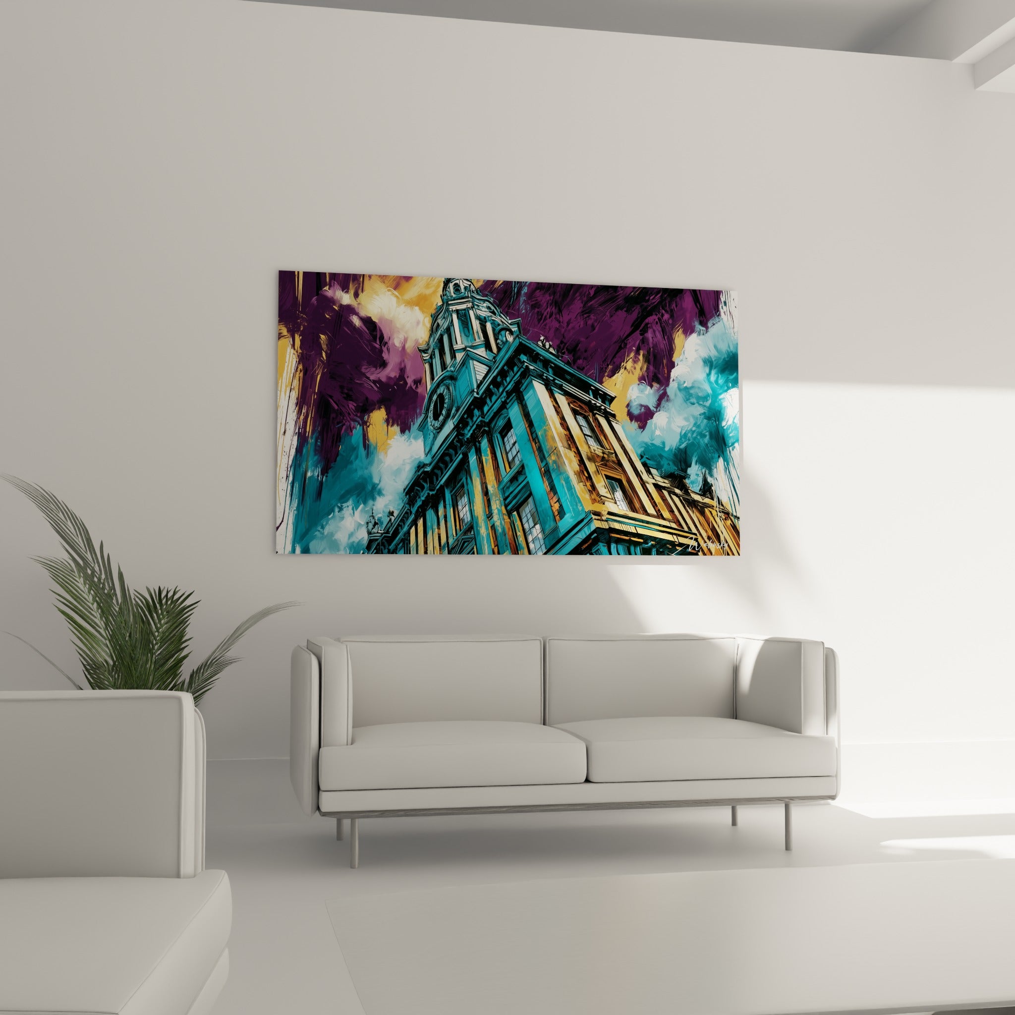 Tour historique bleu pétrole et or sous un ciel orageux pourpre, disposée au-dessus d'un canapé dans un salon lumineux