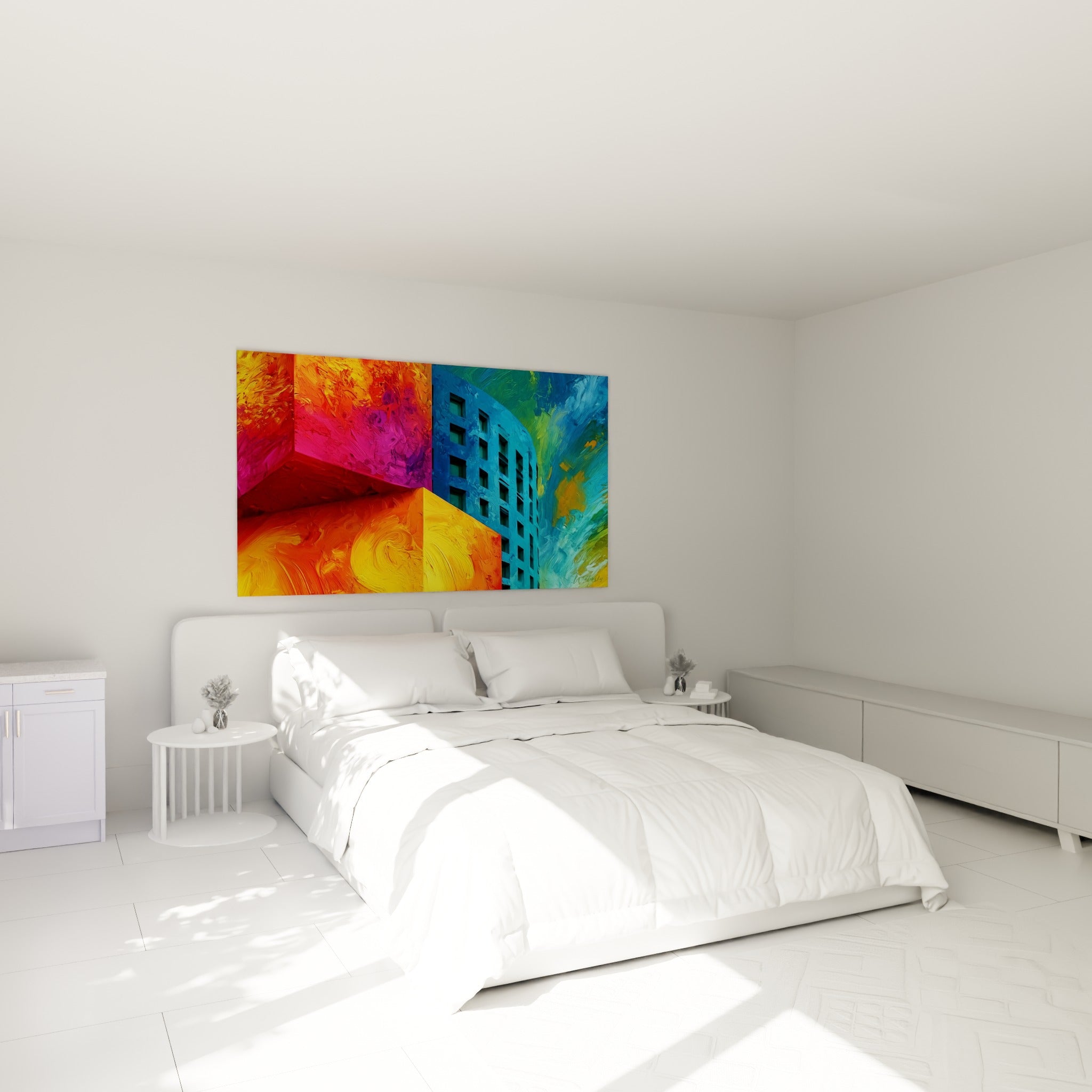 Tour bleu marine et pans orange vibrants au-dessus d'un lit dans une chambre claire