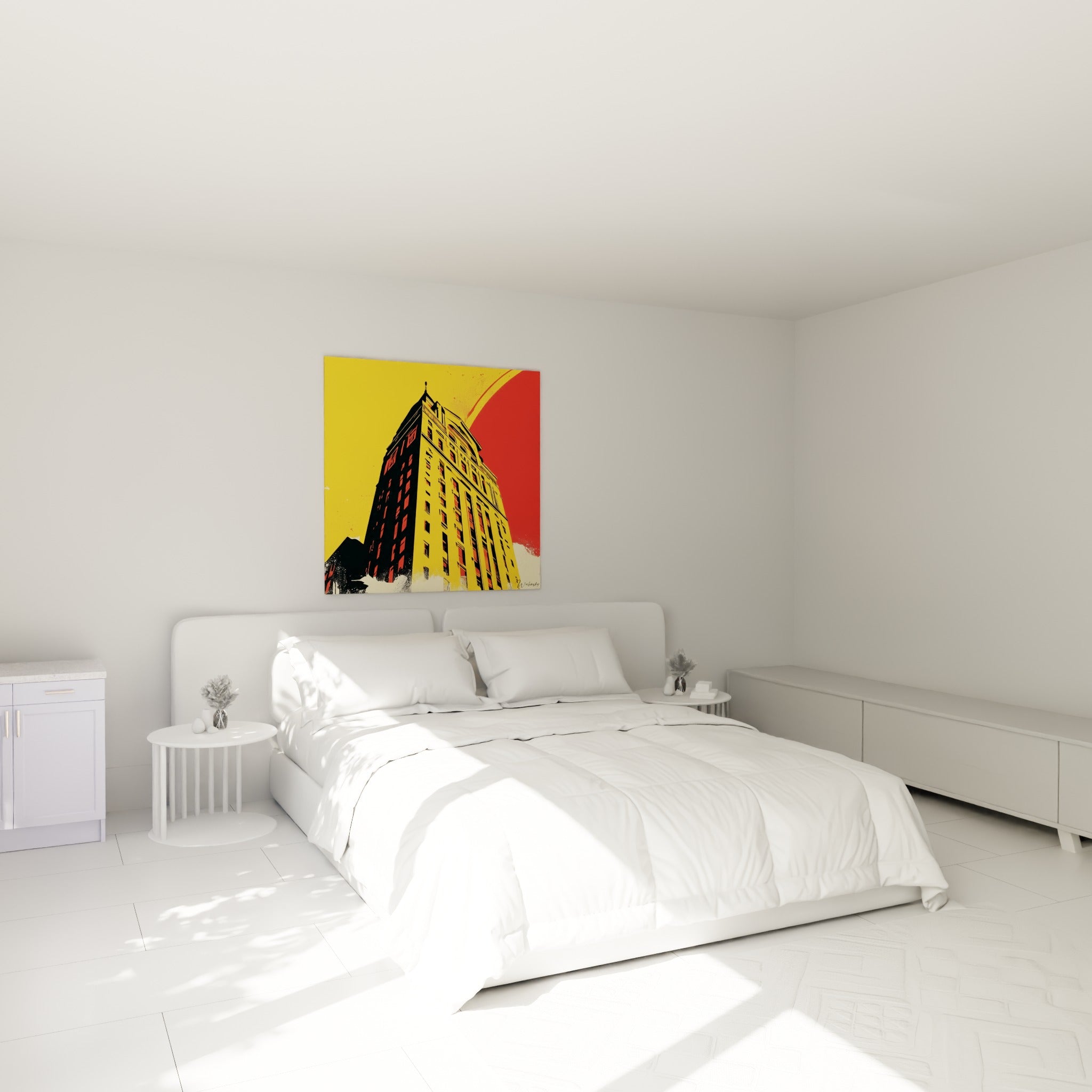 Immeuble jaune vif et rouge écarlate, tableau architecture abstrait au-dessus d'un lit dans une chambre claire