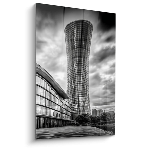Cuadro Rascacielos gris y blanco con silueta curva - Esplanada y árboles - Edición Arquitectura abstracta