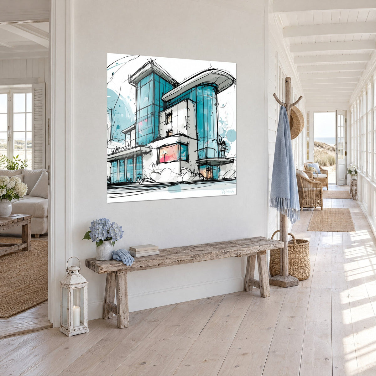 Tableau immeuble moderne en esquisse, tour de verre bleu cyan et balcon courbe blanc, accroché dans un couloir de maison de bord de mer