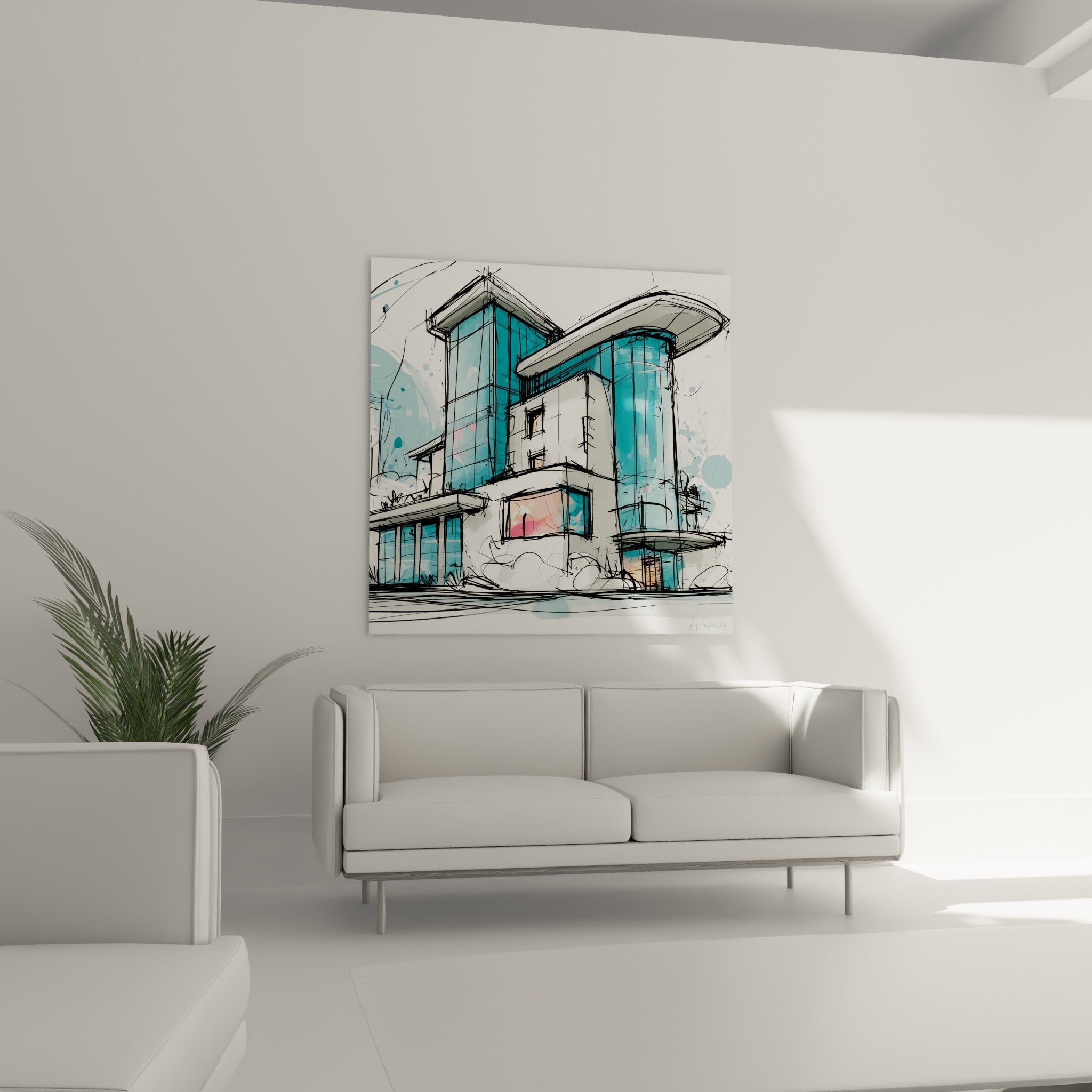 Tour esquissée bleu turquoise et blanche à la touche corail, suspendue au-dessus d'un canapé dans un salon lumineux