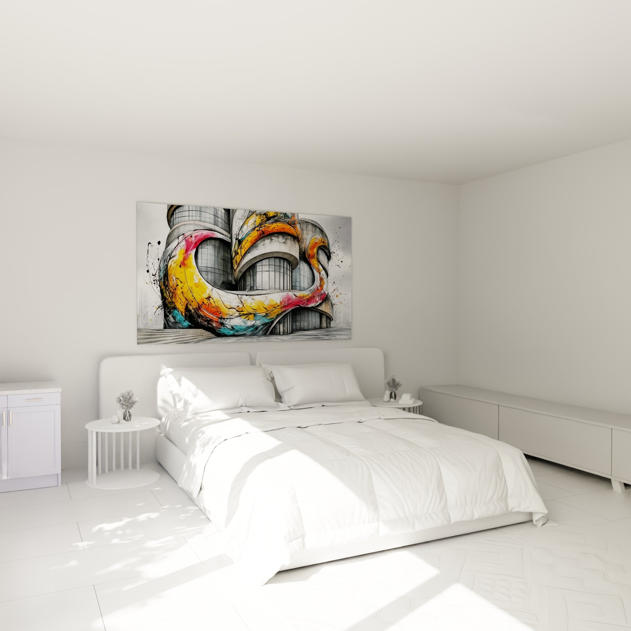 Tour cylindrique grise et jaune éclatante, tableau architecture abstrait au-dessus d'un lit dans une chambre claire