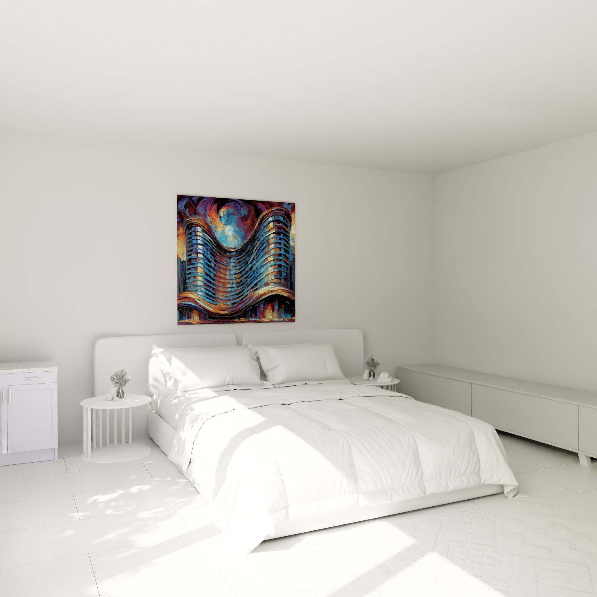 Tour bleue et dorée aux courbes fluides accrochée au-dessus d'un lit dans une chambre claire