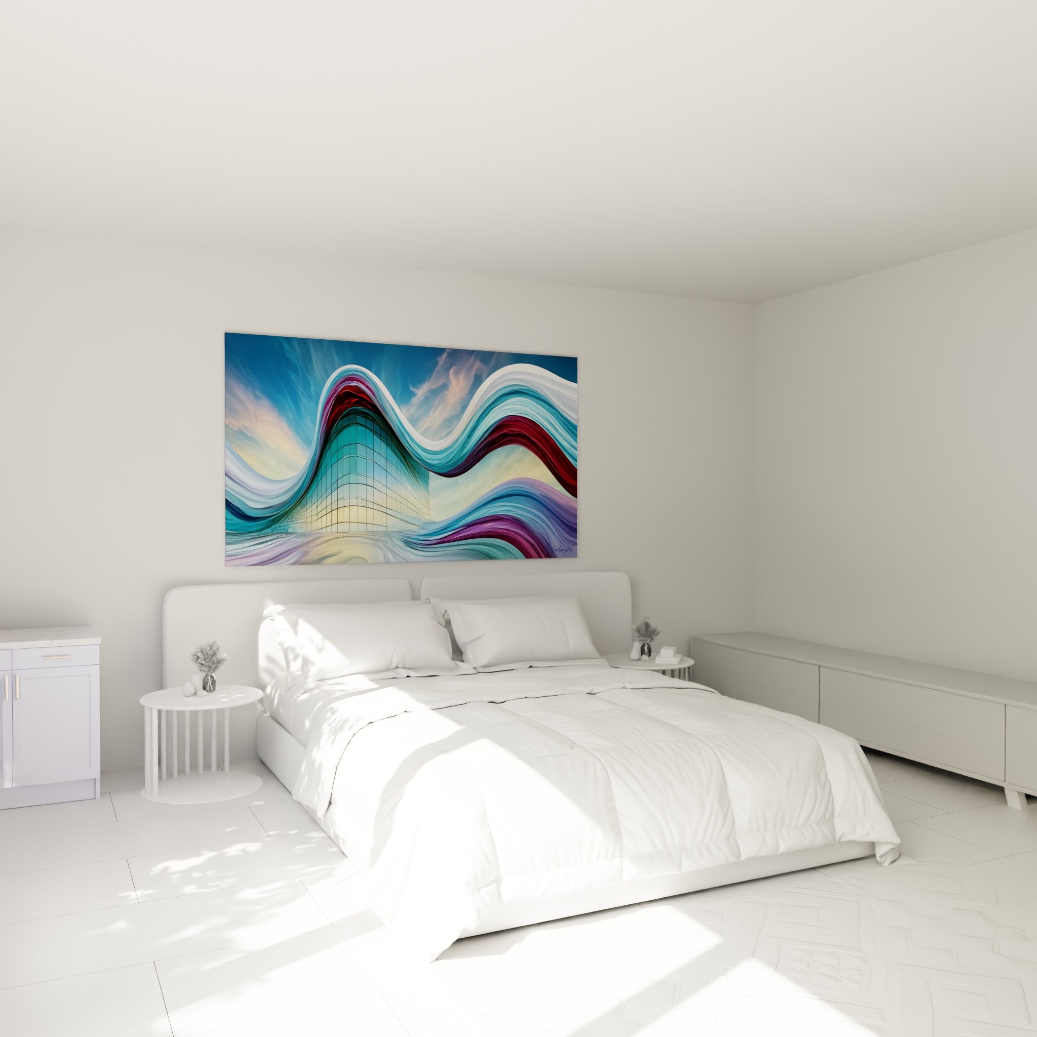 Tour vitrée dorée et vagues bleu marine, tableau accroché au-dessus d'un lit dans une chambre claire