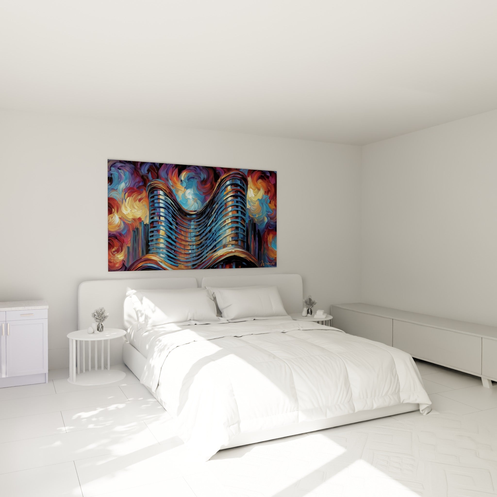 Tour bleue et dorée à la façade sinueuse, accrochée au-dessus d'un lit dans une chambre claire