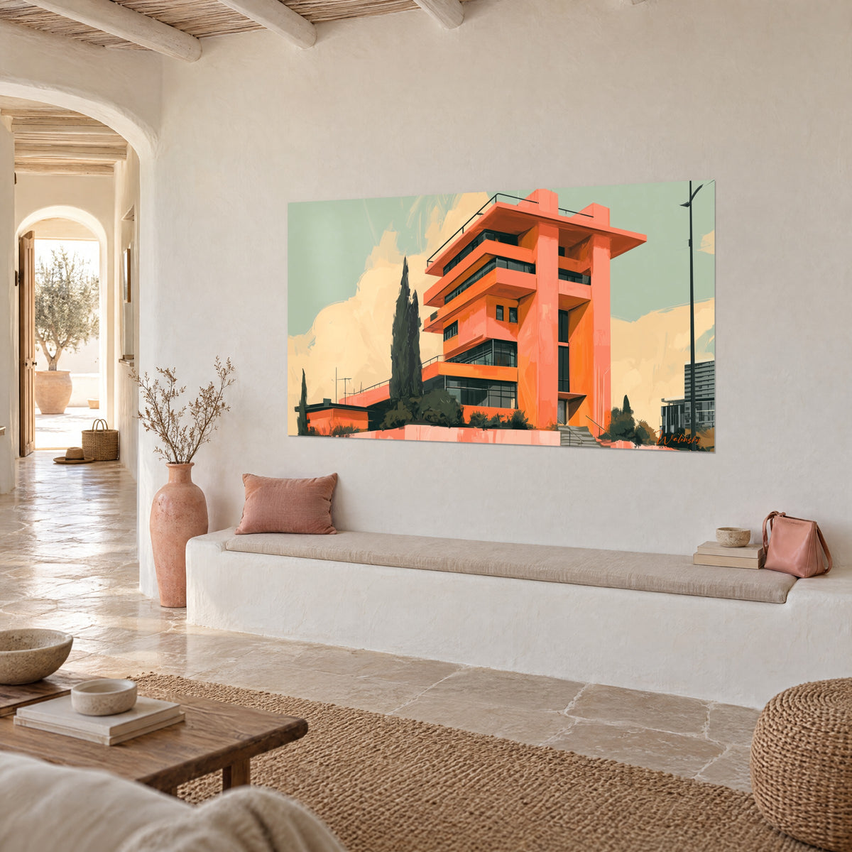 Wall art brutalist tower in salmon and orange, cantilevered terraces and sand-beige clouds, above a white stone bench