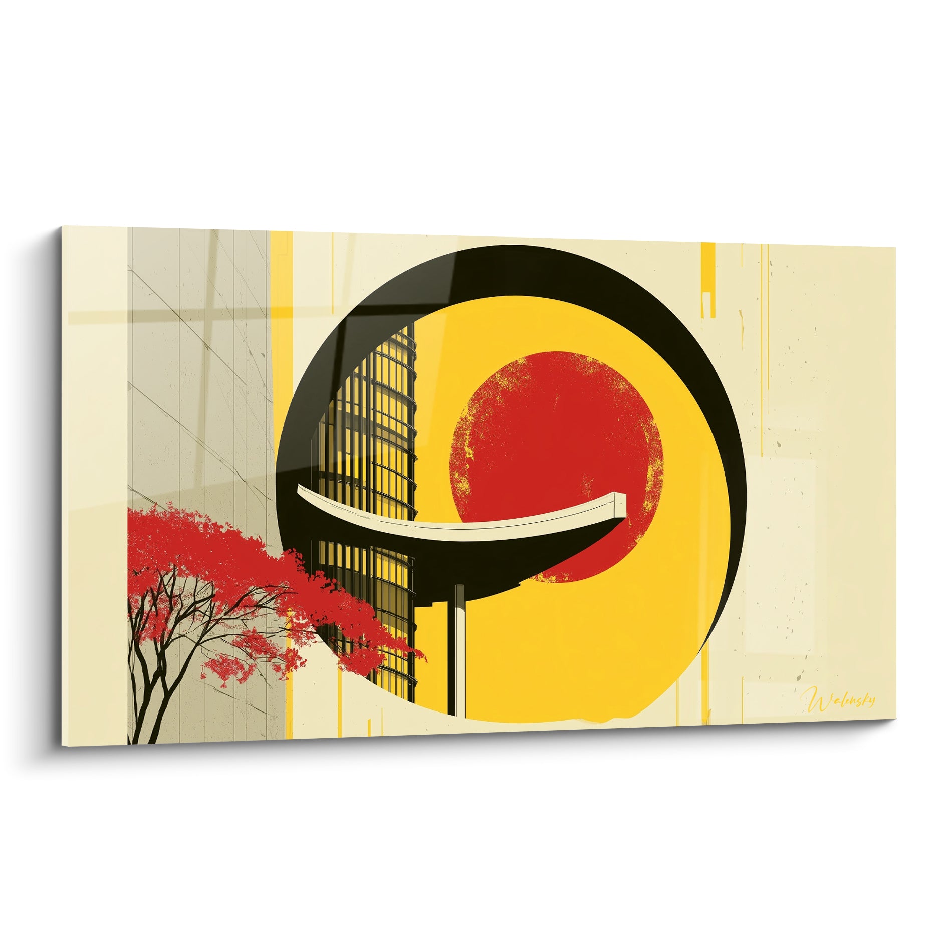 Tour architecturale noire cernée d'un disque jaune et rouge, branche fleurie rouge au premier plan