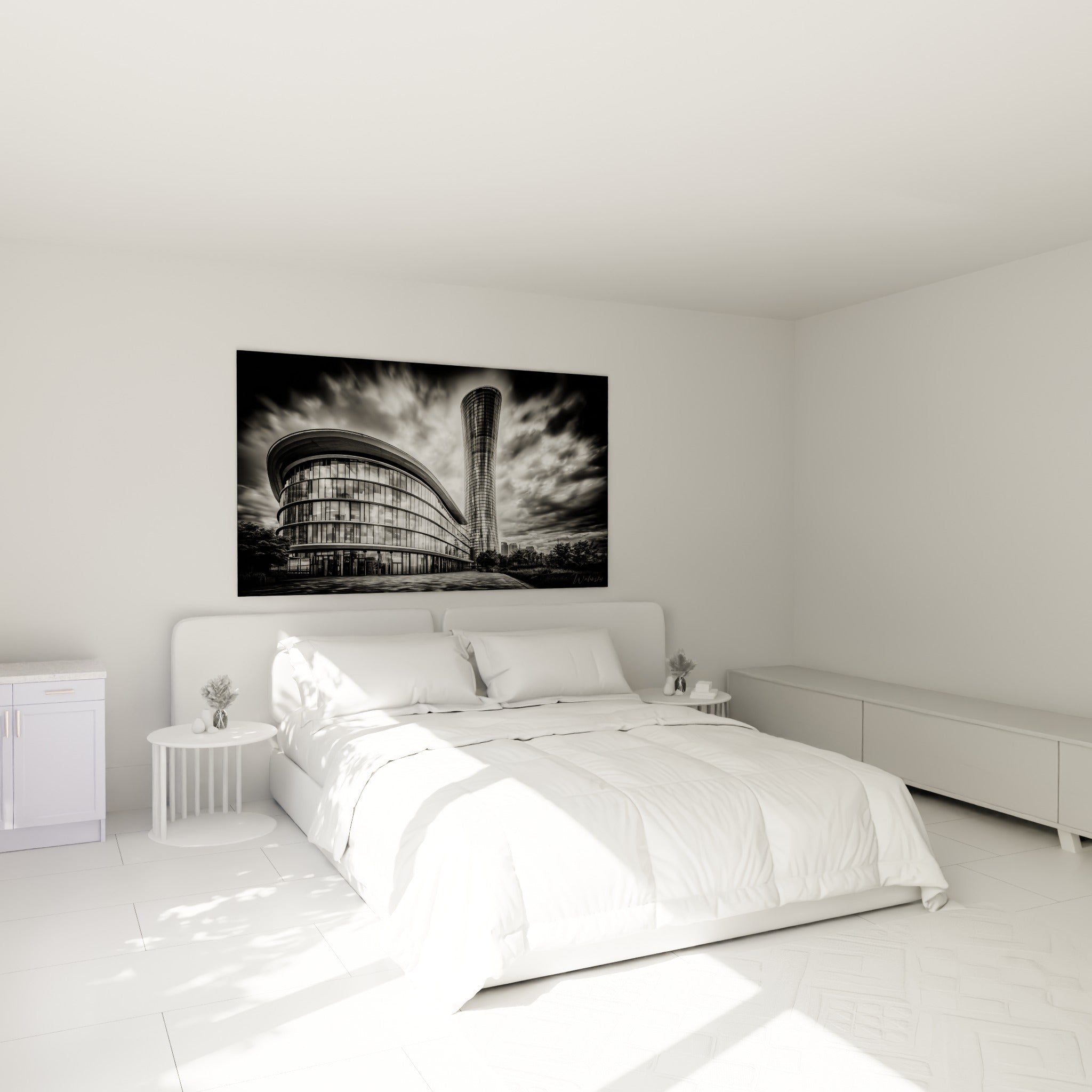 Tour architecturale anthracite et blanche au-dessus d'un lit dans une chambre claire