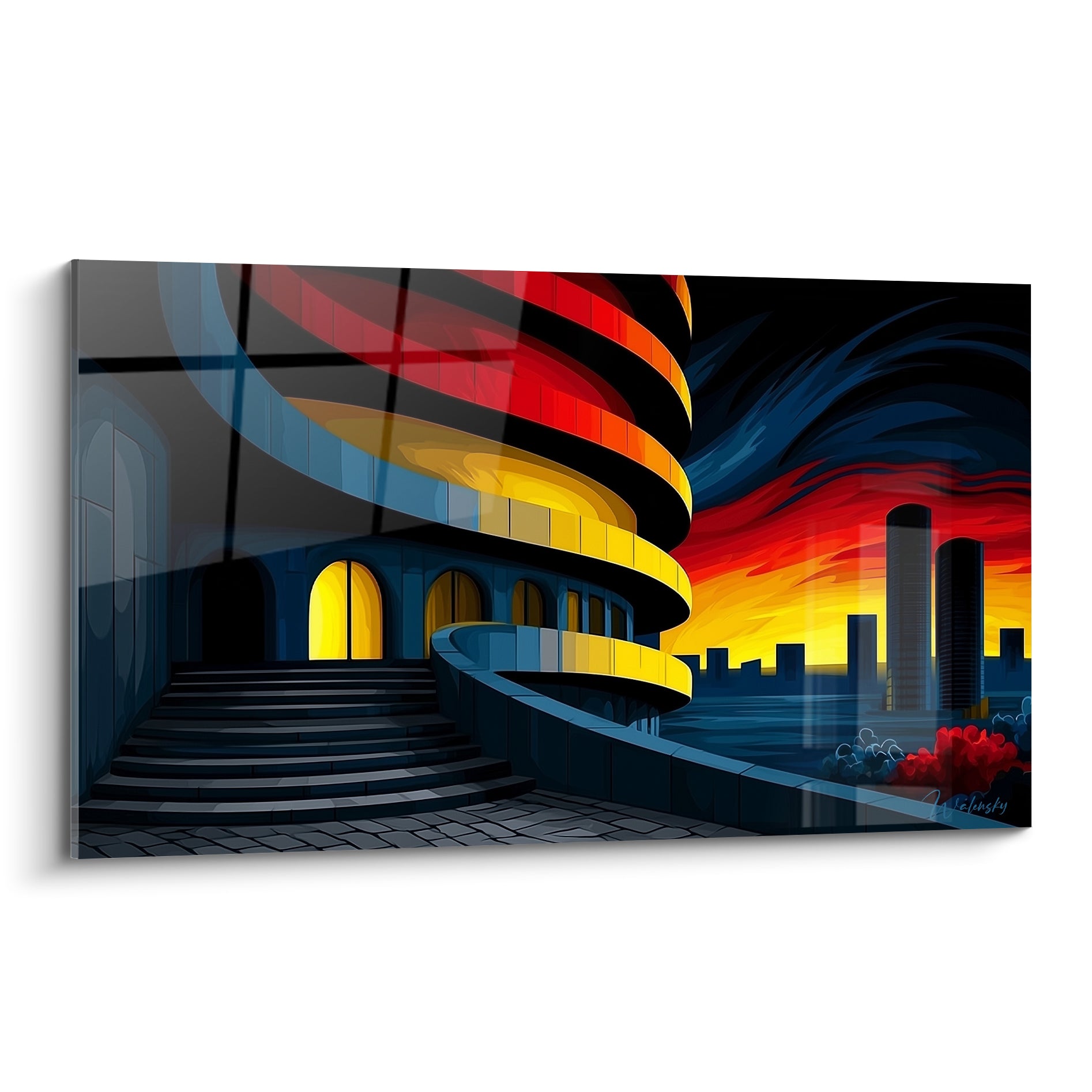 Tour spiralée rouge et jaune se dressant devant un ciel bleu marine et flammes au crépuscule urbain
