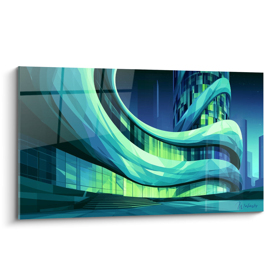 Tableau Gratte-ciel turquoise et vert en spirale nocturne - Escaliers extérieurs illuminés - Edition Architecture abstrait