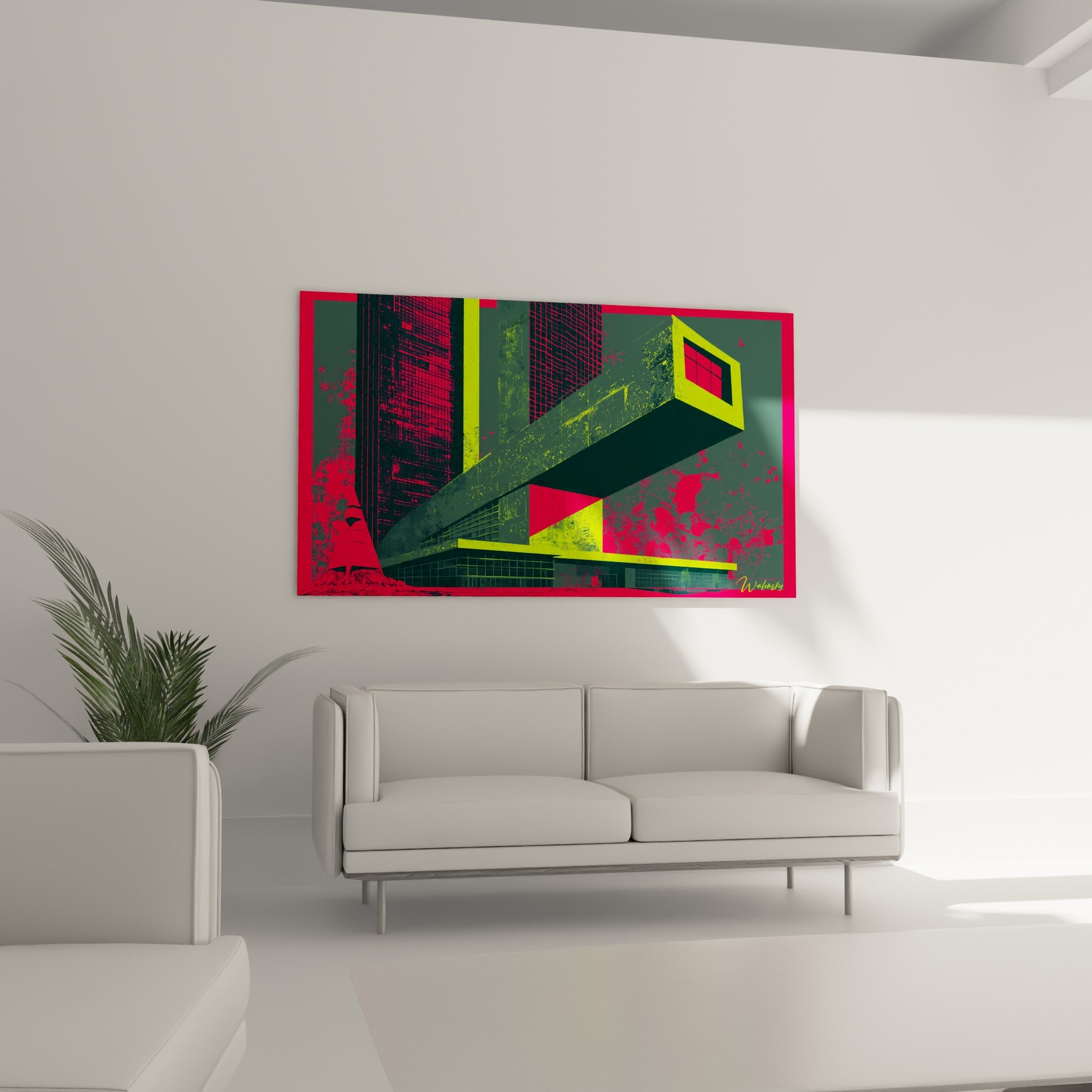 Tour urbaine saturée de rose fluo et jaune fluorescent au-dessus d'un canapé dans un salon lumineux