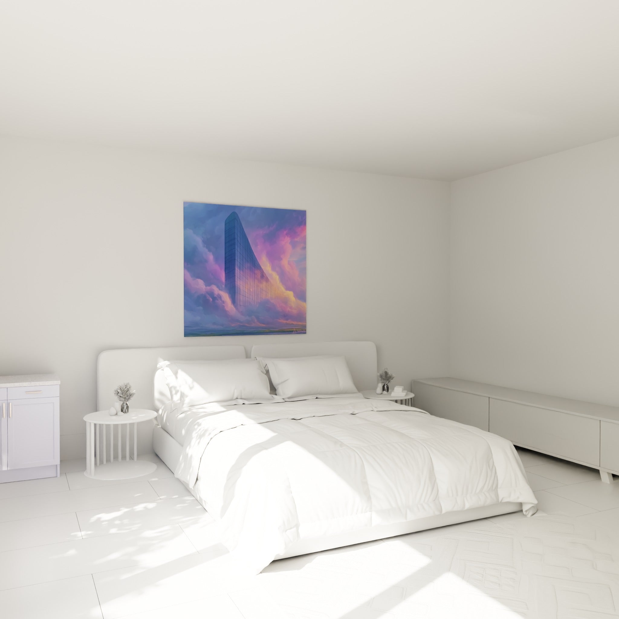 Tour vitrée bleu et rose traversant des nuages dorés, accrochée au-dessus d'un lit dans une chambre claire