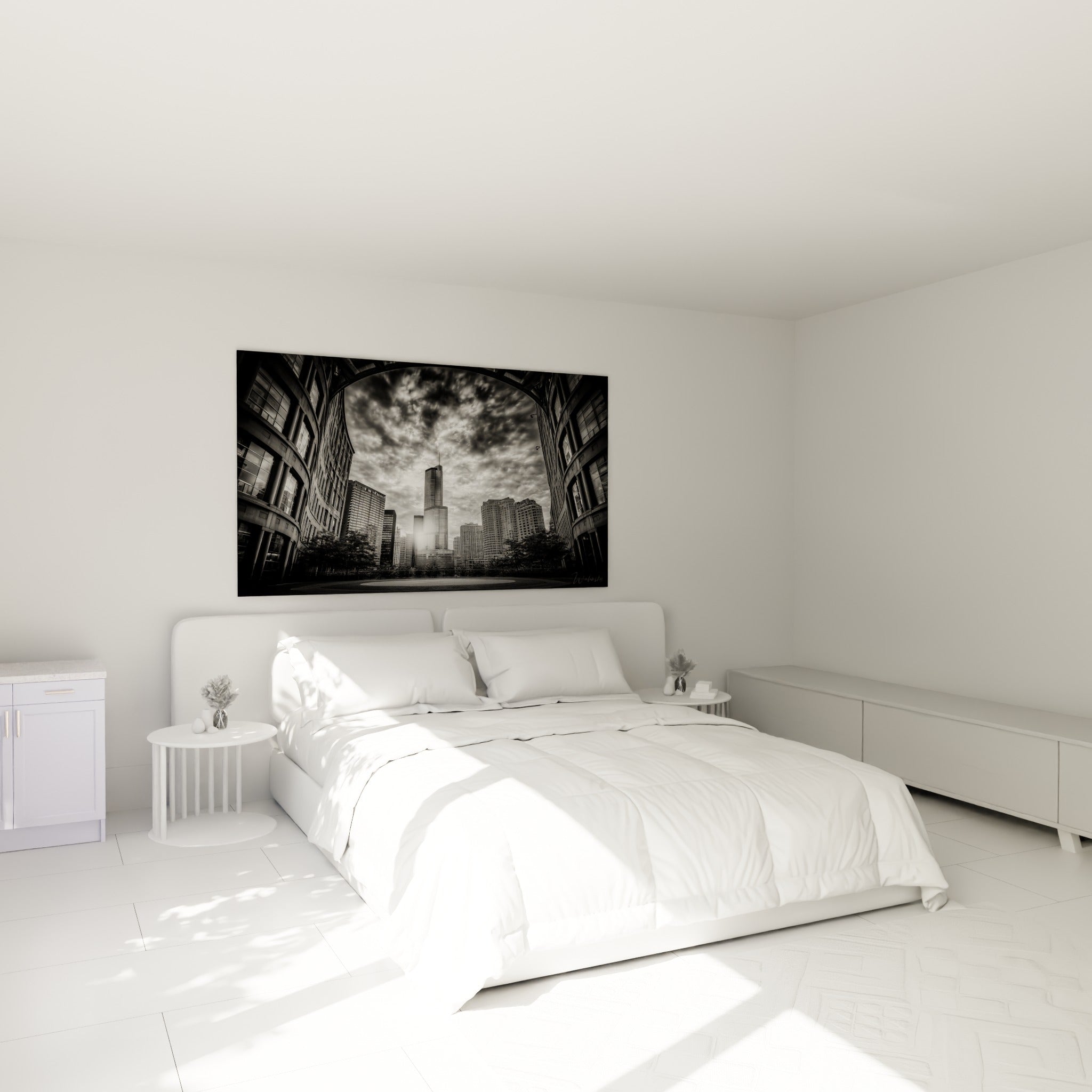 Gratte-ciel noir et blanc Architecture abstrait avec percée solaire, au-dessus d'un lit dans une chambre claire