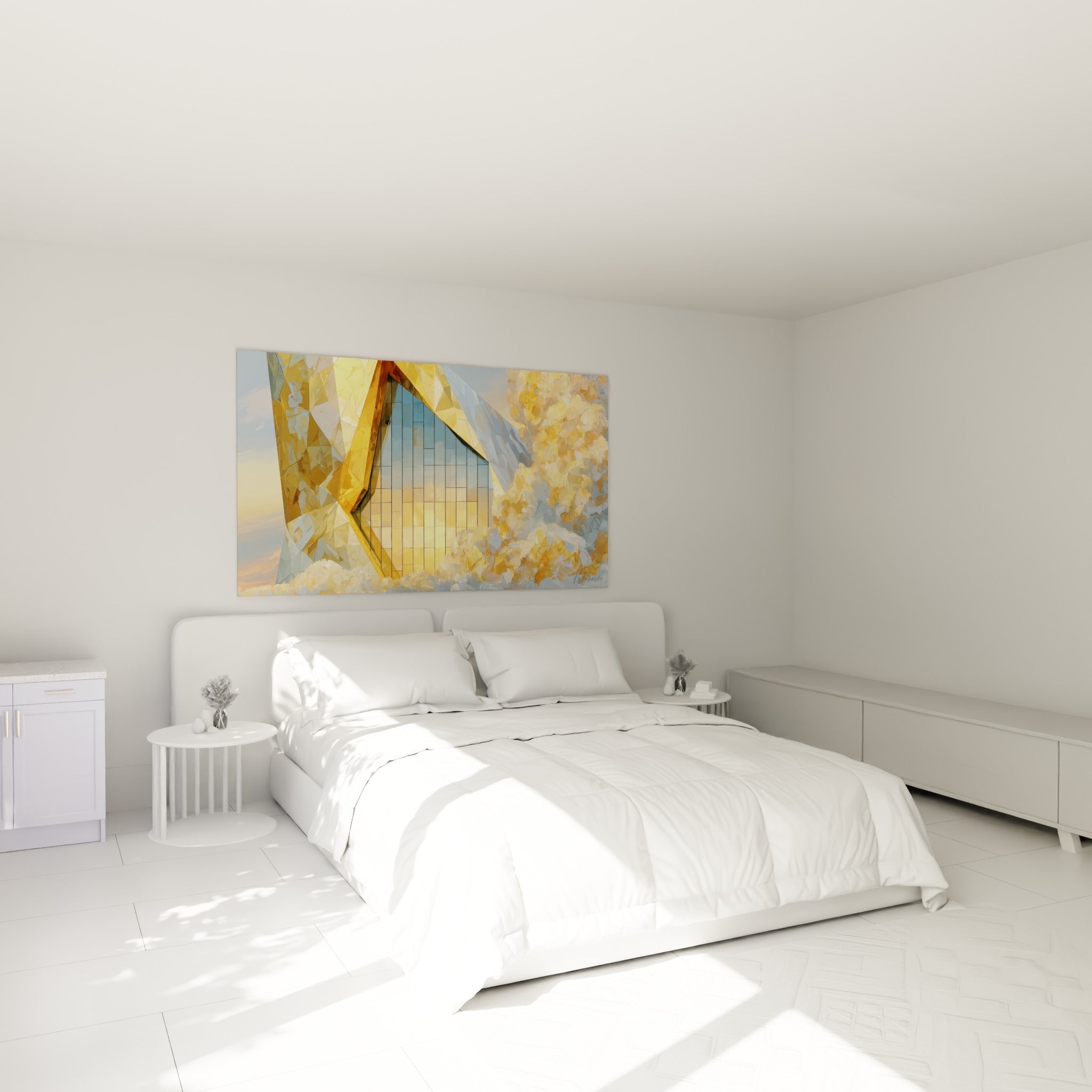 Tour dorée et vitrée aux tons bleus, accrochée au-dessus d'un lit dans une chambre claire