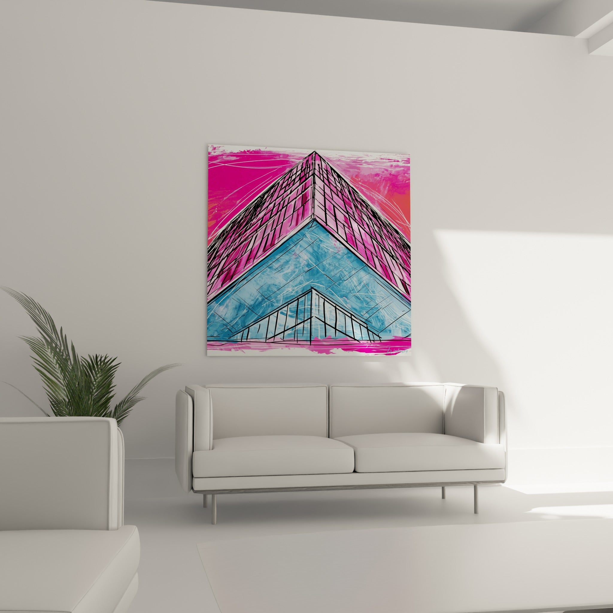 Tour vitrée en architecture abstraite fuchsia et bleu accrochée au-dessus d'un canapé dans un salon lumineux