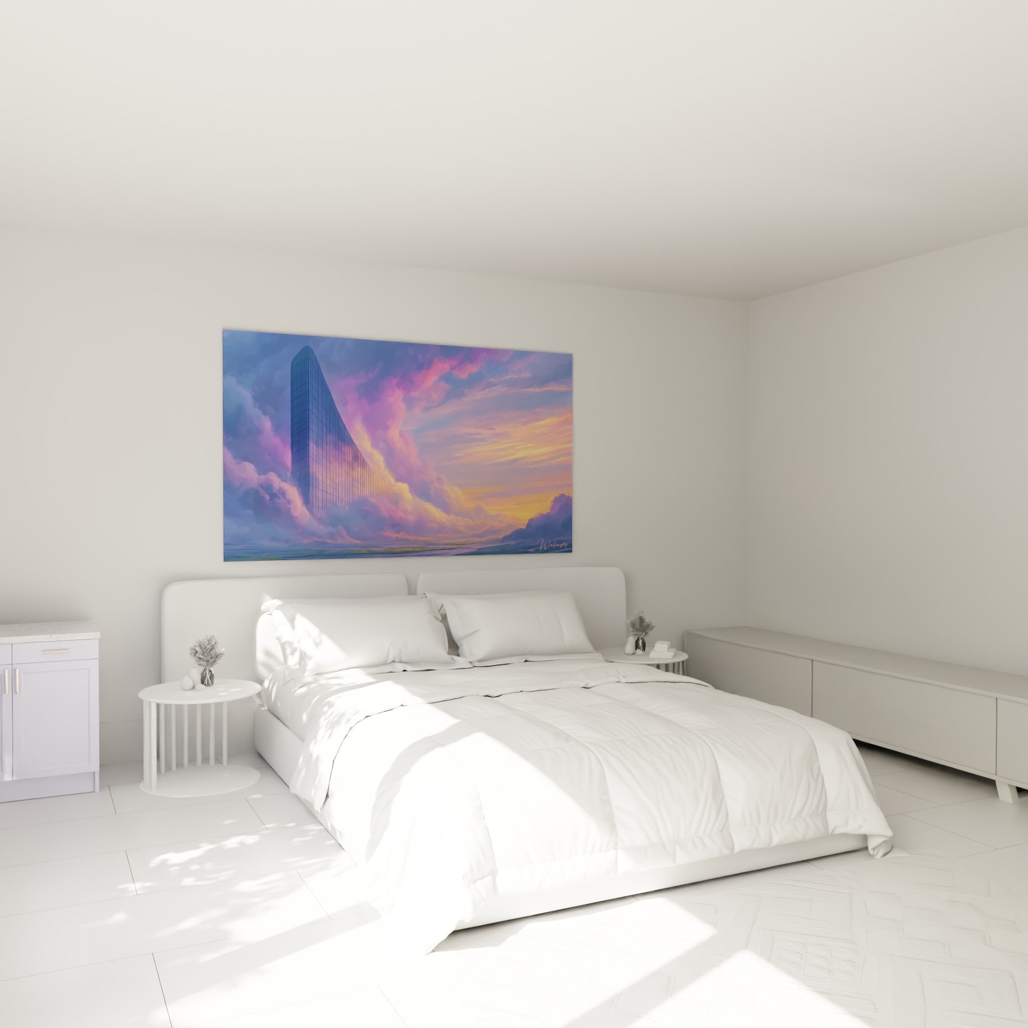 Tour vitrée violette et ciel doré peints avec finesse, tableau architecture abstrait au-dessus d'un lit dans une chambre claire
