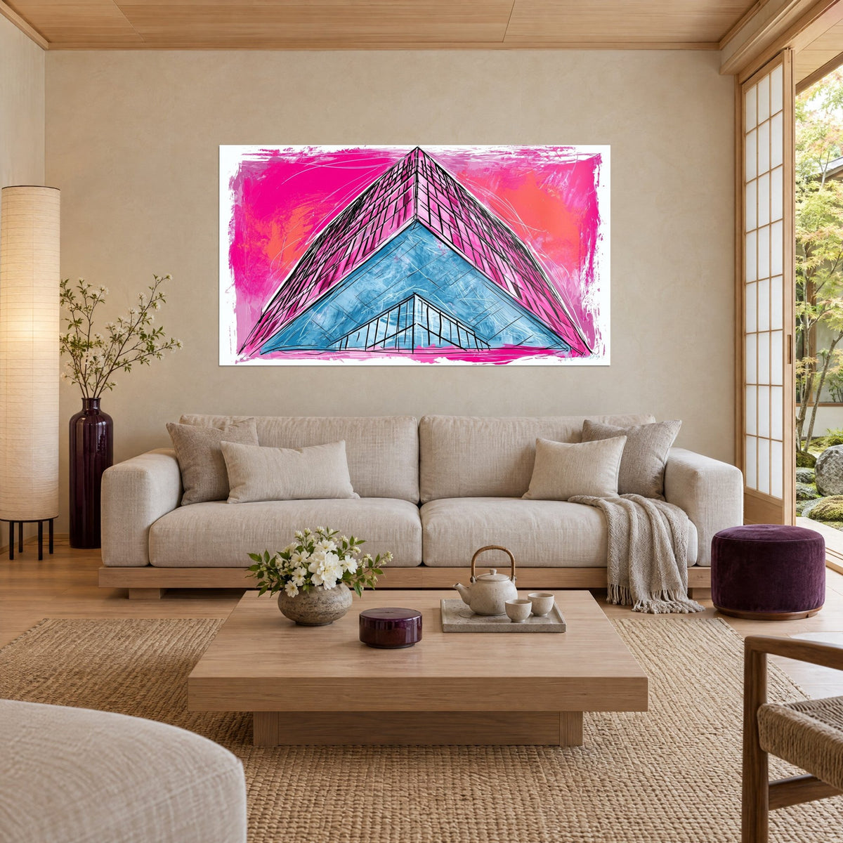 Tableau gratte-ciel fuchsia aux façades quadrillées sur ciel orangé, base bleue vitrée, au-dessus d'un canapé dans un salon lumineux