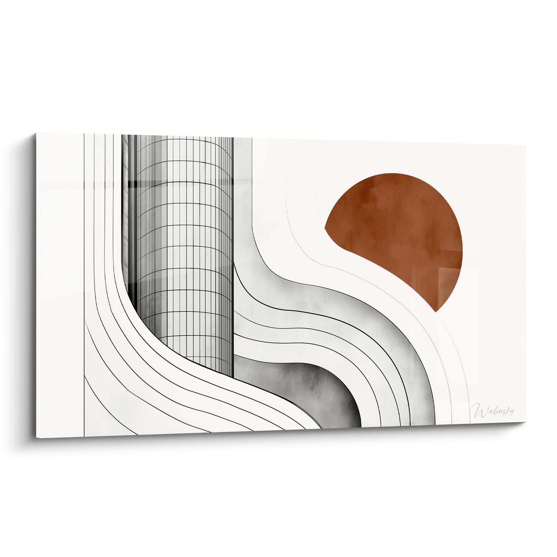 Tour vitrée aux lignes courbes grises et blanches devant un soleil terracotta graphique