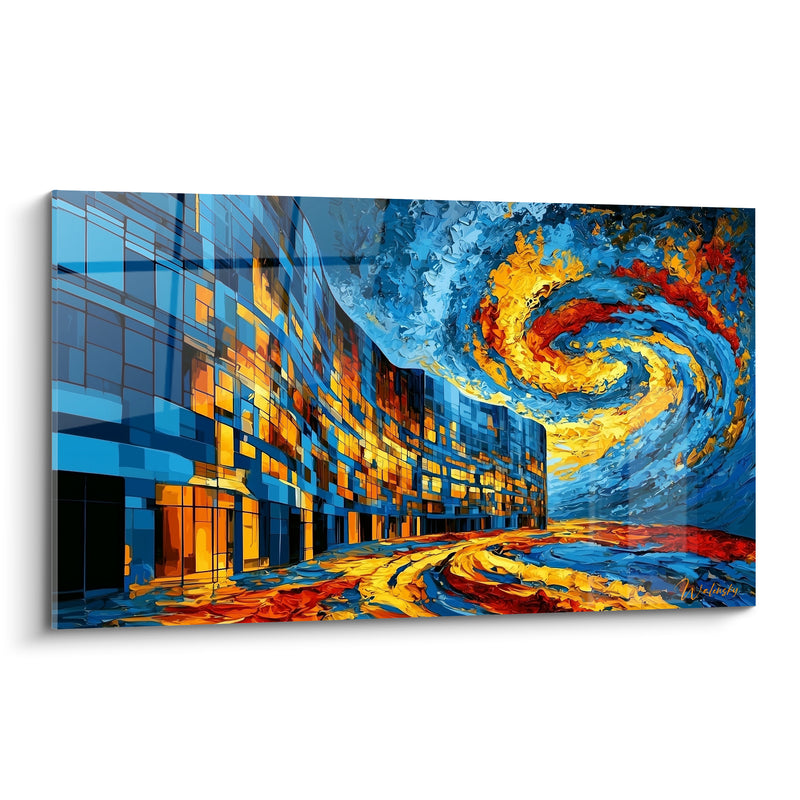Tableau Façade urbaine bleue et dorée en tourbillon - Tempête urbaine - Edition Architecture abstrait