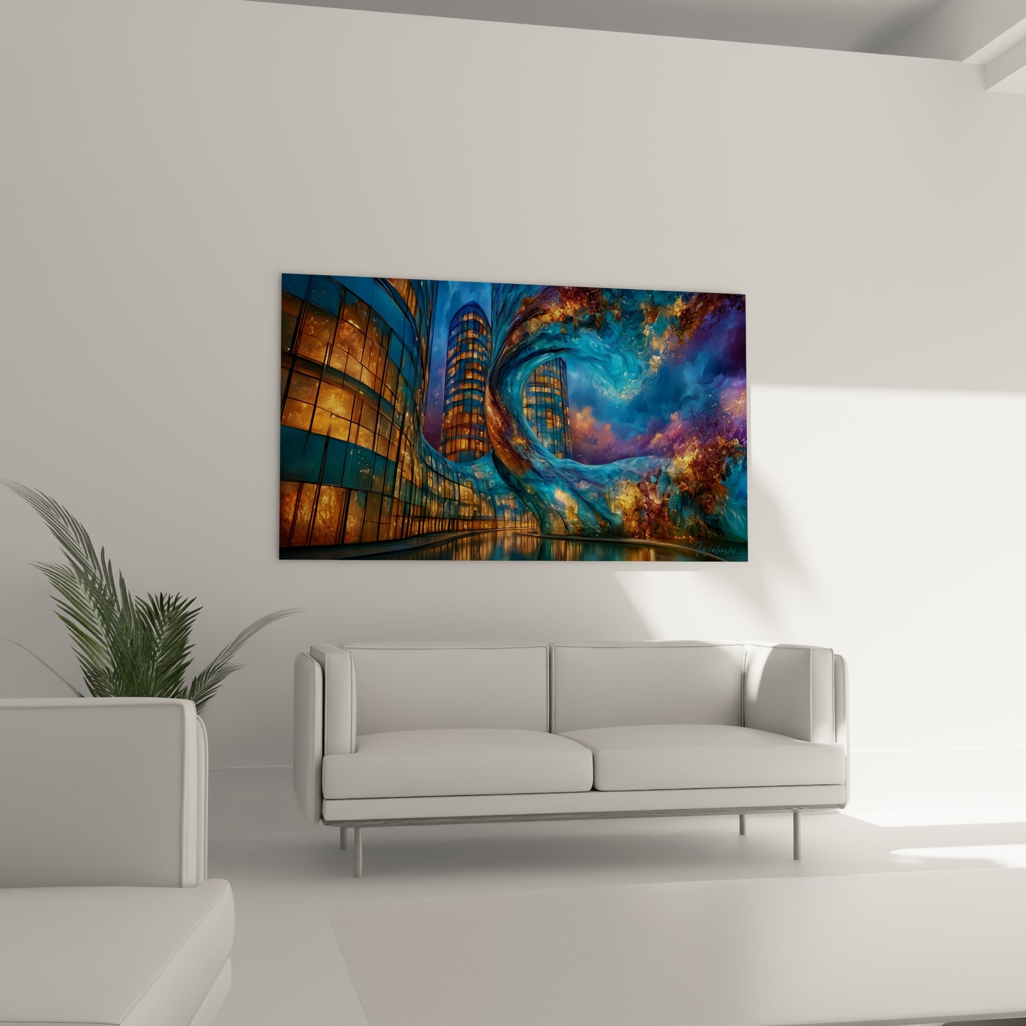 Cité nocturne dorée et bleue happée par un tourbillon céleste, au-dessus d'un canapé dans un salon lumineux