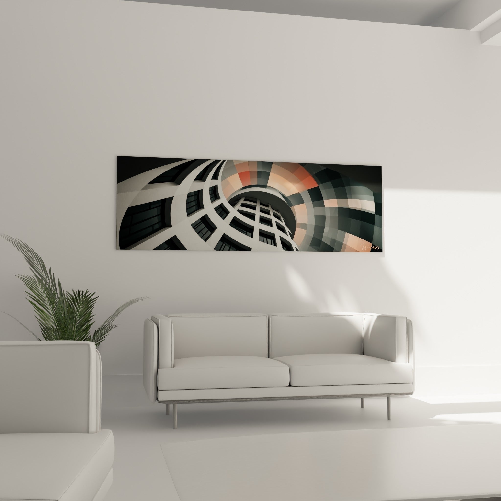 Tourbillon géométrique gris et corail au-dessus d'un canapé dans un salon lumineux