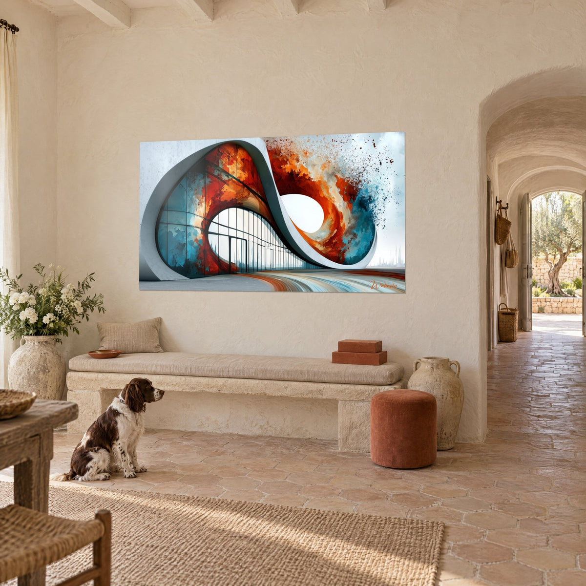 Tableau architecture fluide en ruban de béton, tourbillon rouge orangé et bleu pétrole, avec un spaniel assis au mas provençal